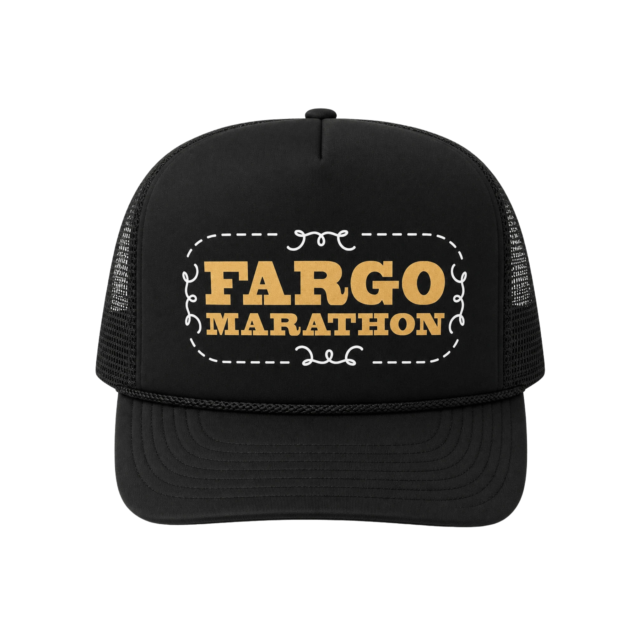 Black trucker cap with 'Fargo Marathon' text
