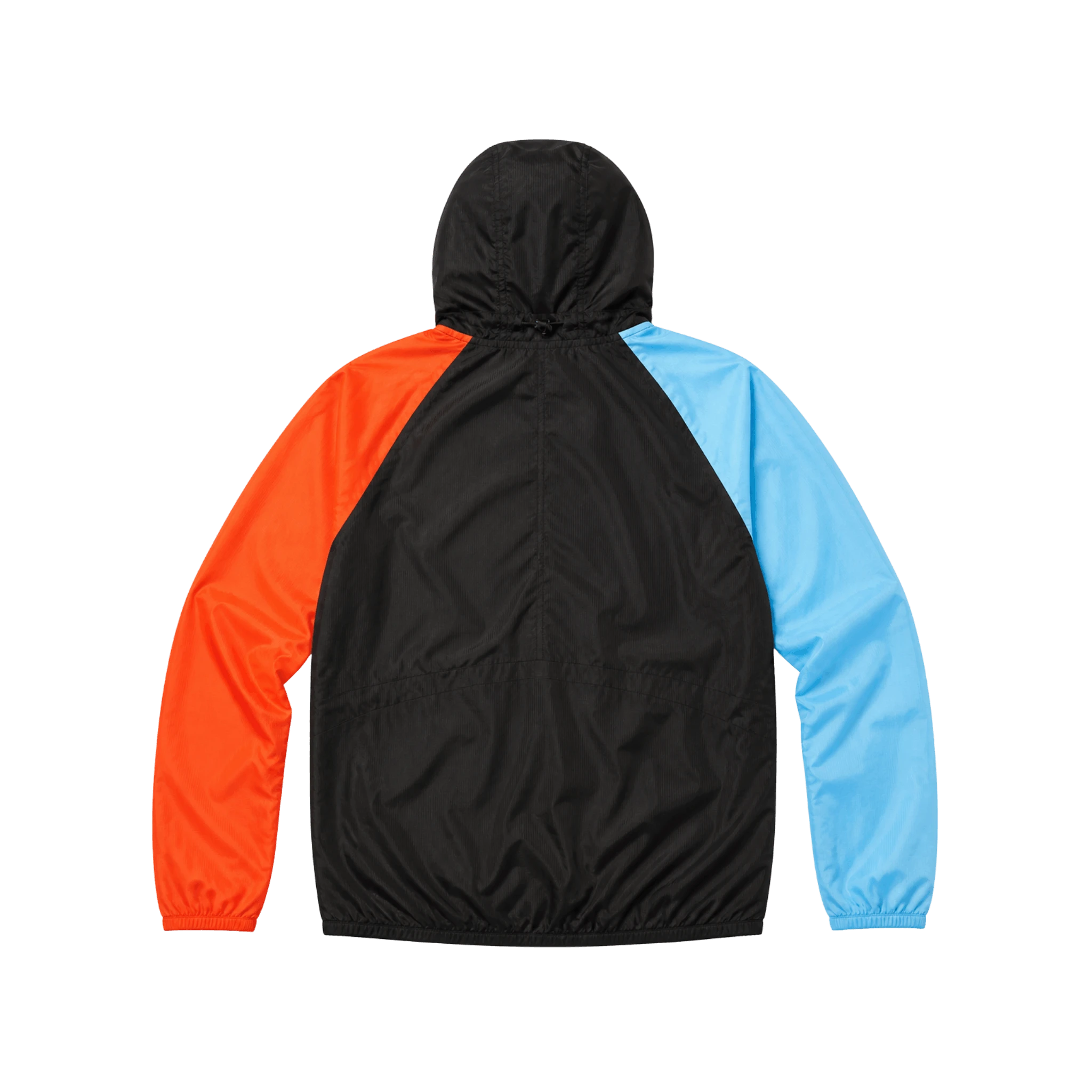 Multicolored jacket with black hood on a white background