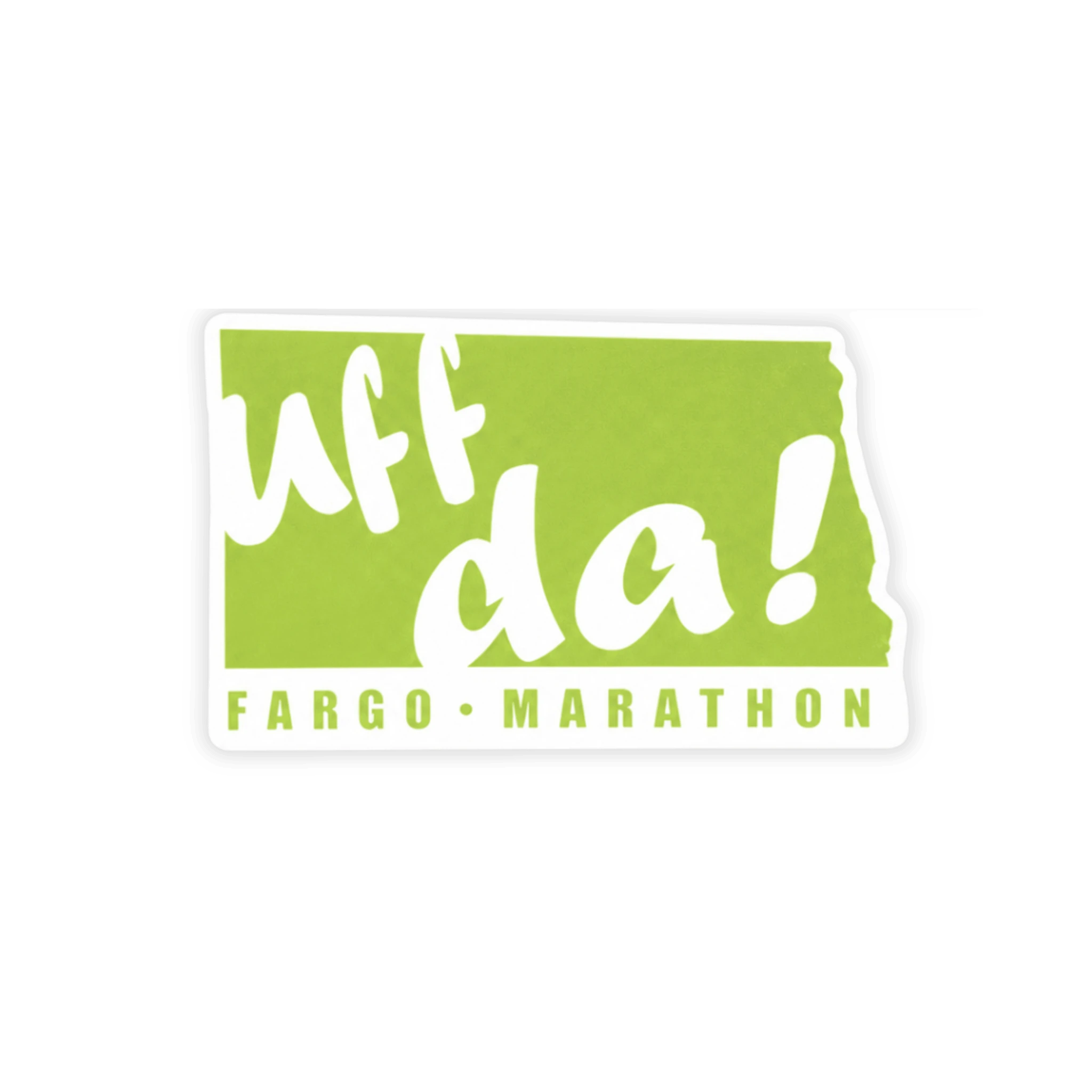 Sticker with 'Uff da!' text and 'Fargo Marathon' on a green background