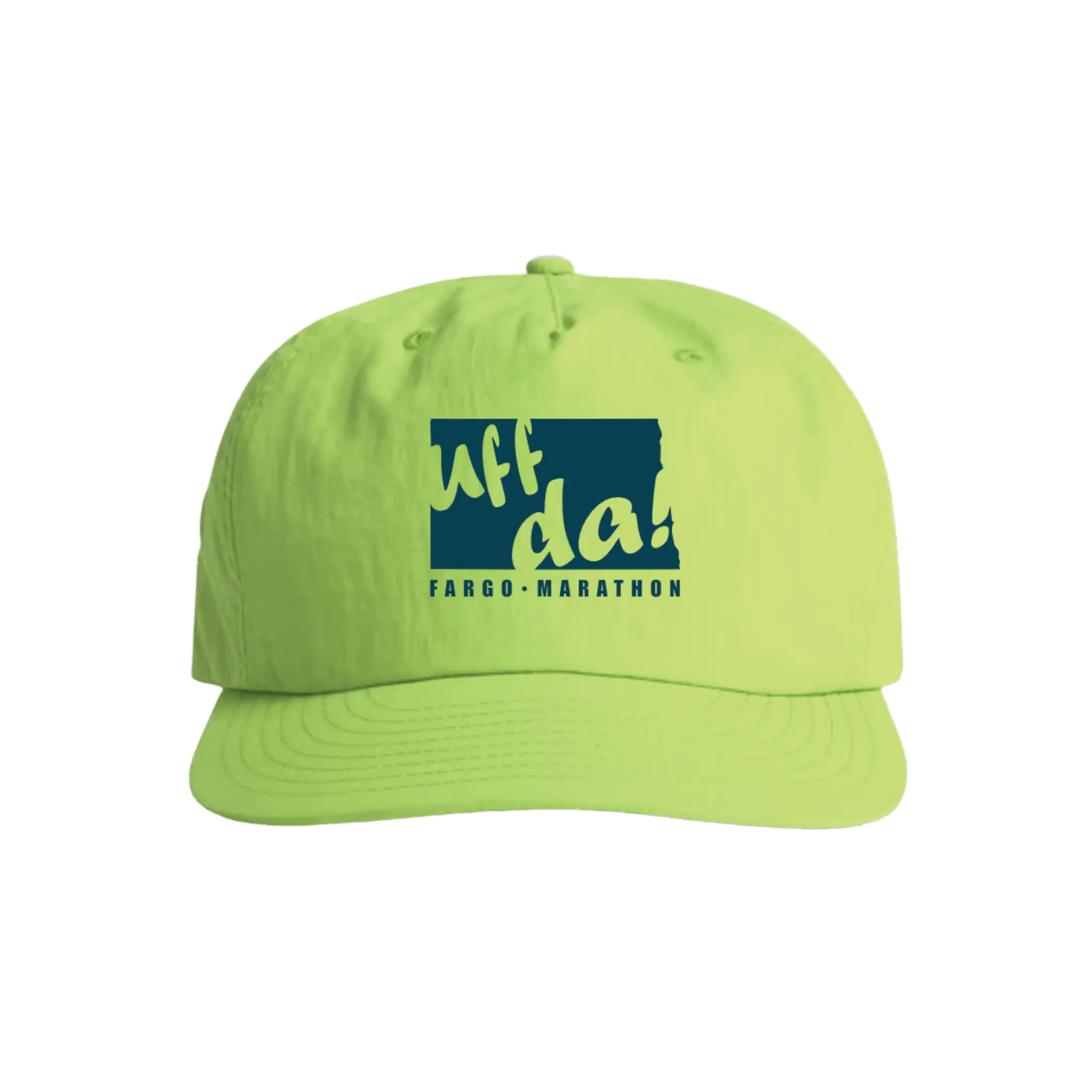 Green cap with Uff Da! Fargo Marathon blue text
