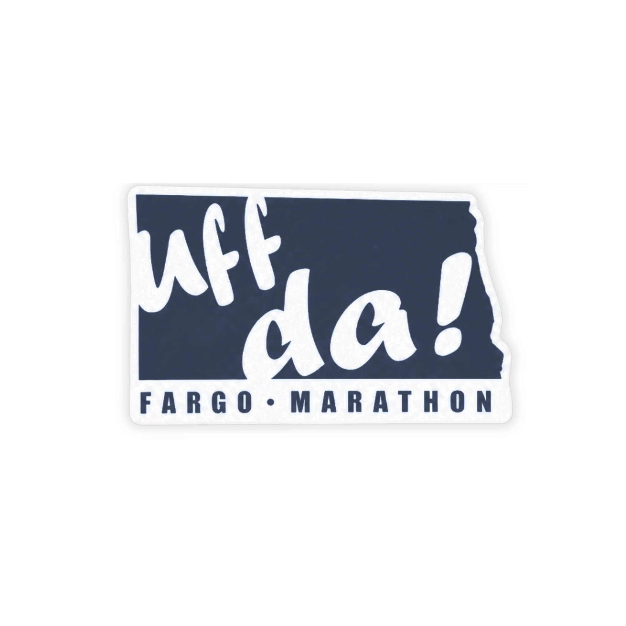 Blue sticker with 'Uff da! Fargo Marathon' text
