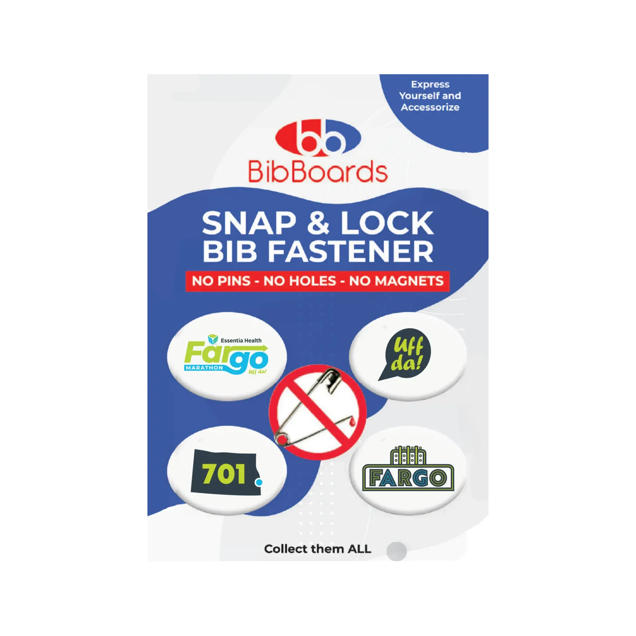 Bib Boards Snap & Lock Bib Fastener packaging with various Fargo Marathon designs