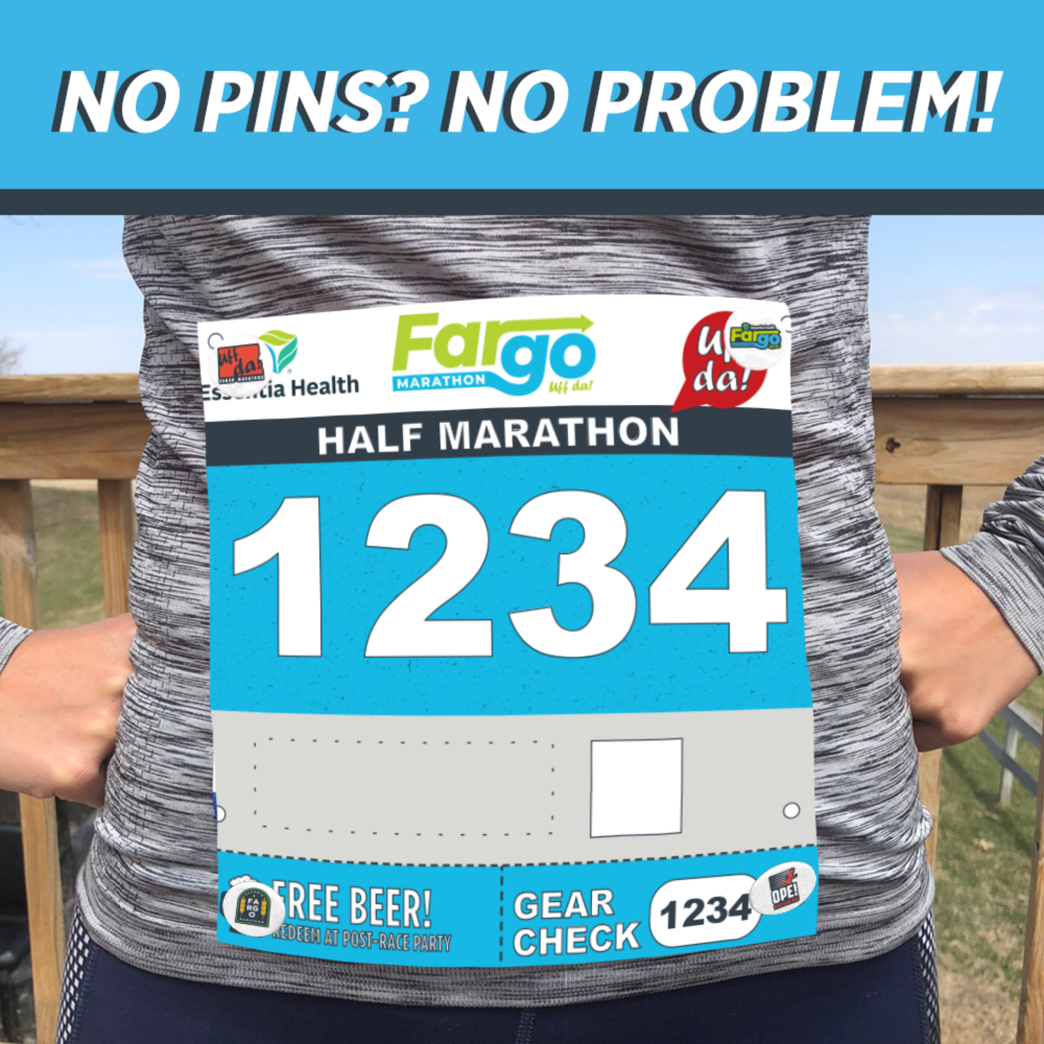Runner wearing a mock bib showing Fargo Marathon bib fasteners
