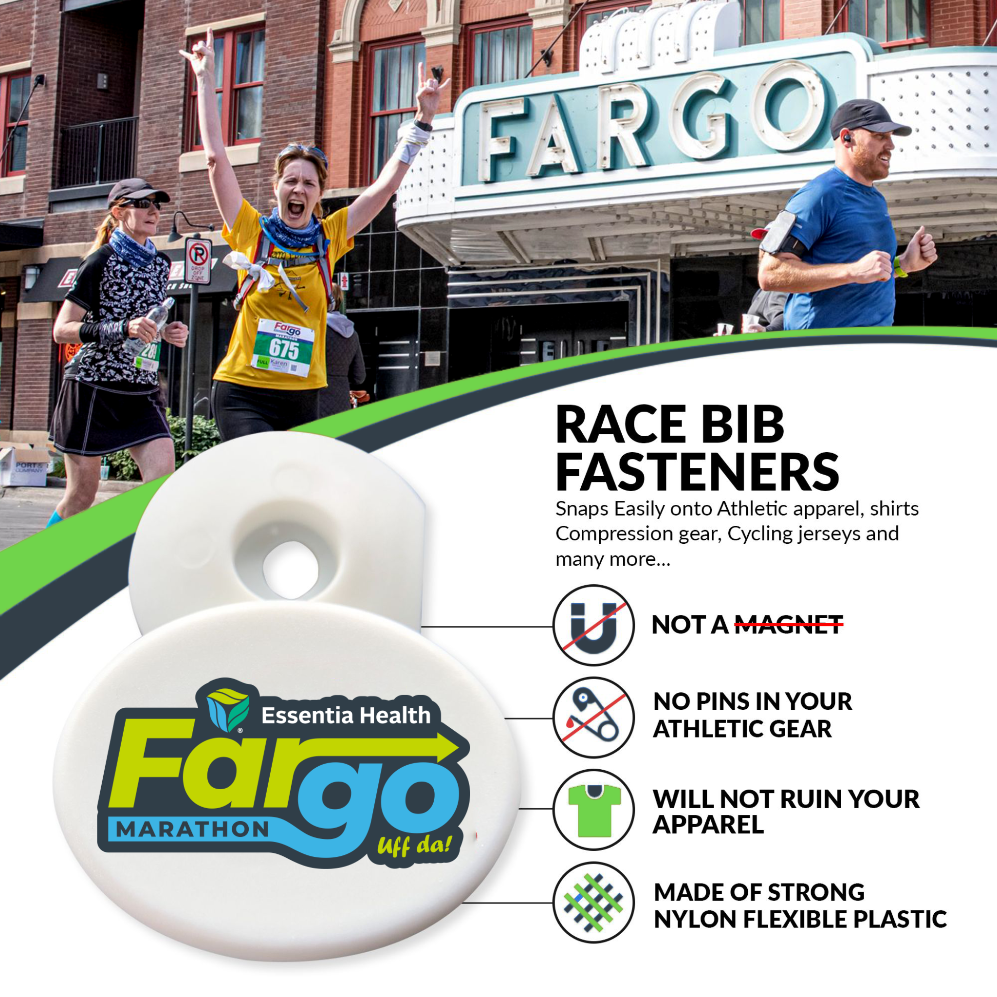 Race bib fasteners with a running event background