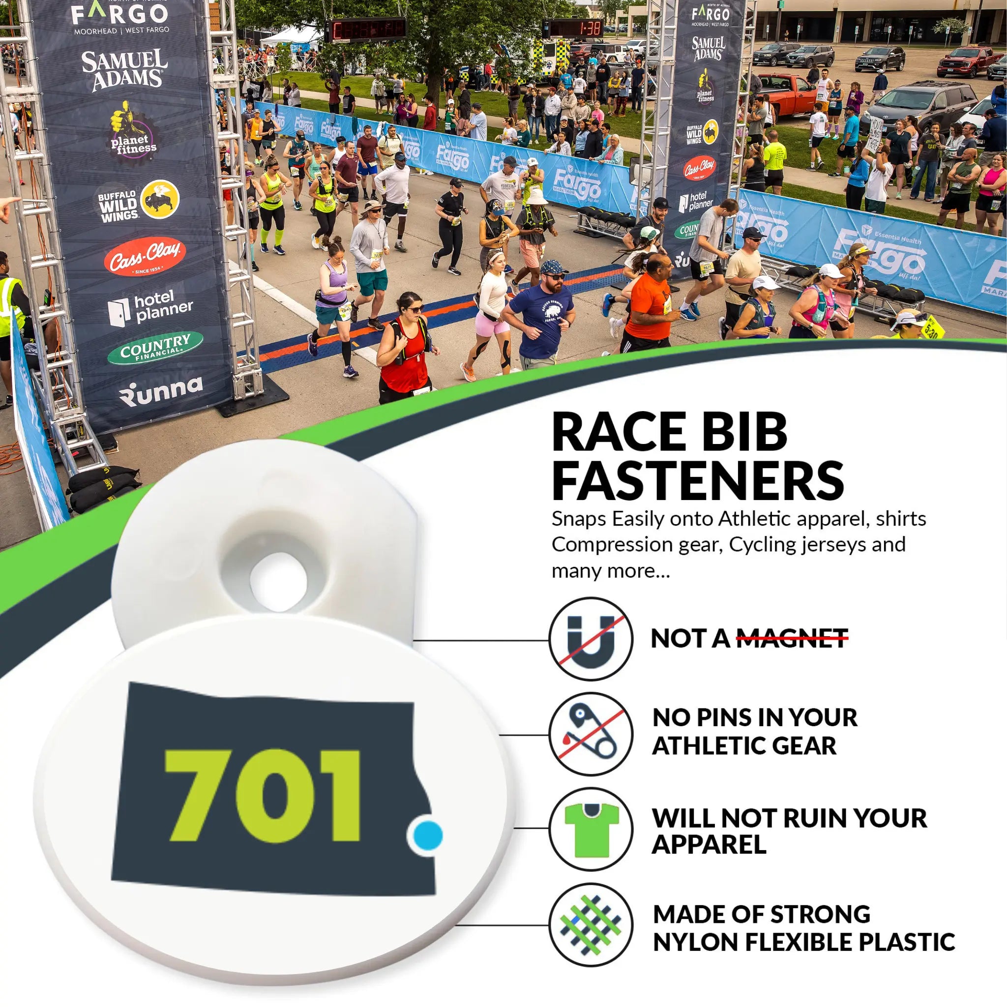 Race bib fasteners with a running event background