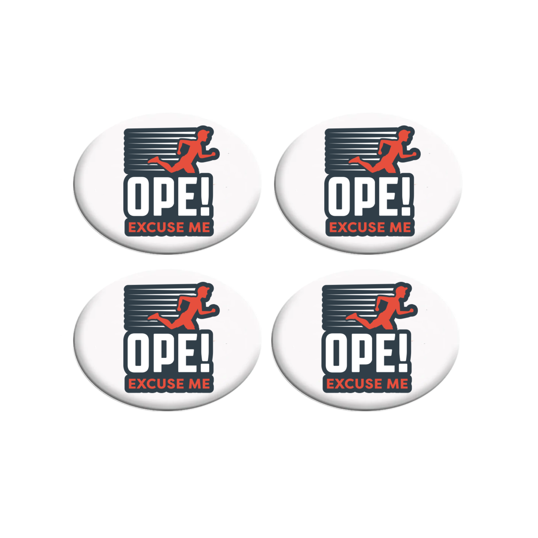 White bib fasteners with Ope! Excuse me text