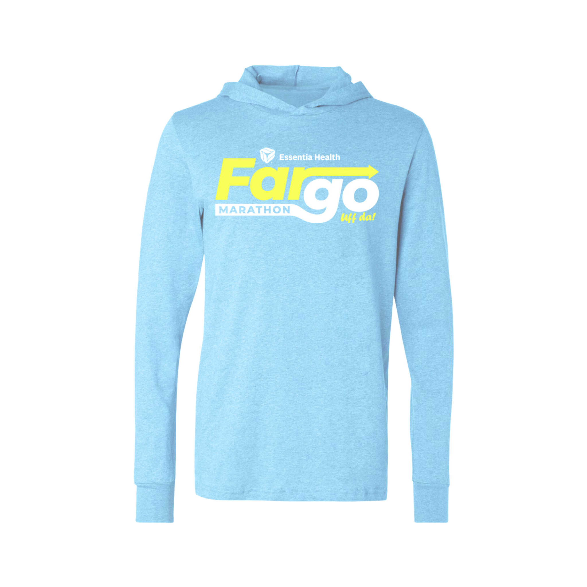 A light blue hooded sweatshirt with 'Fargo Marathon' text logo