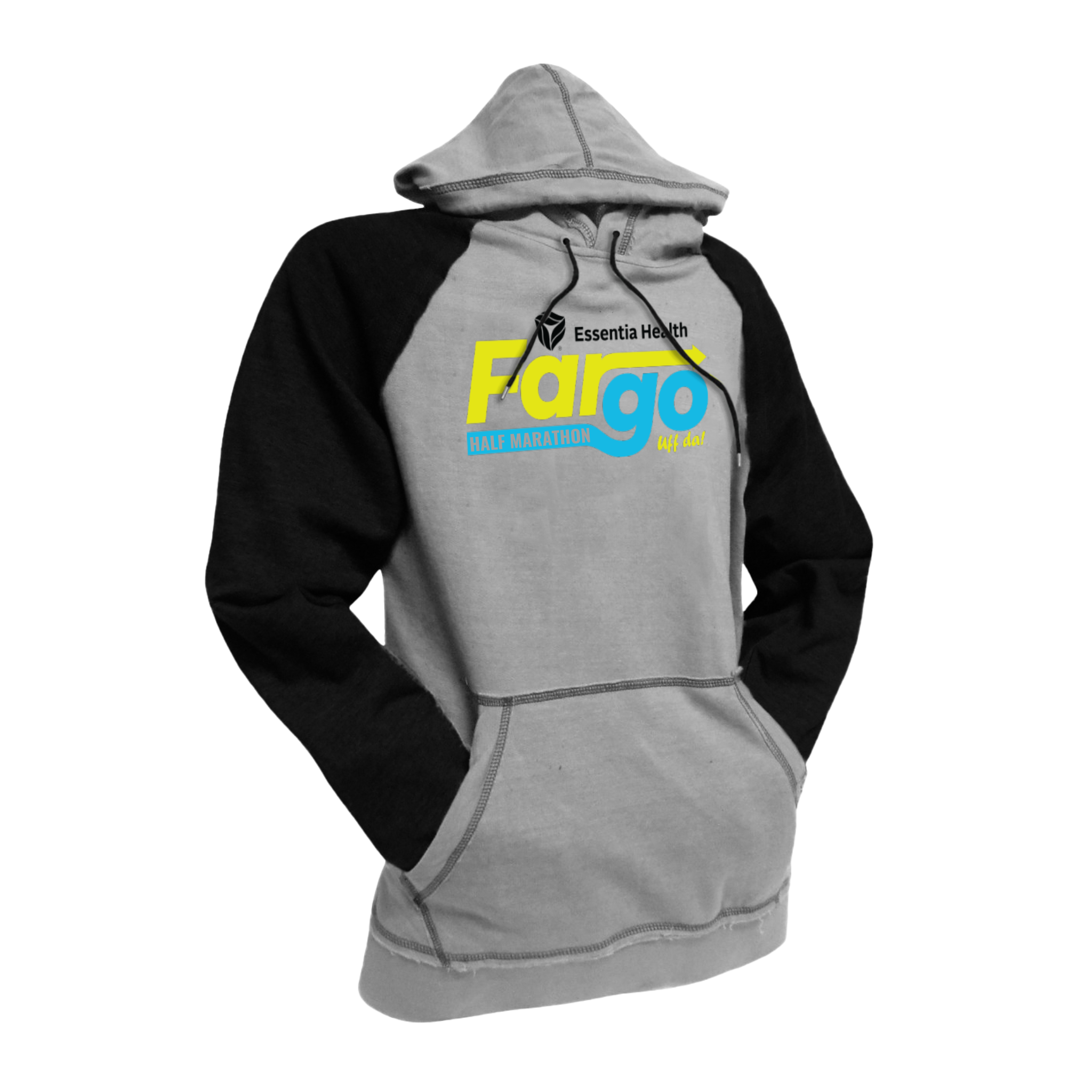 A gray and black hoodie with the Fargo Half Marathon logo in blue and green text