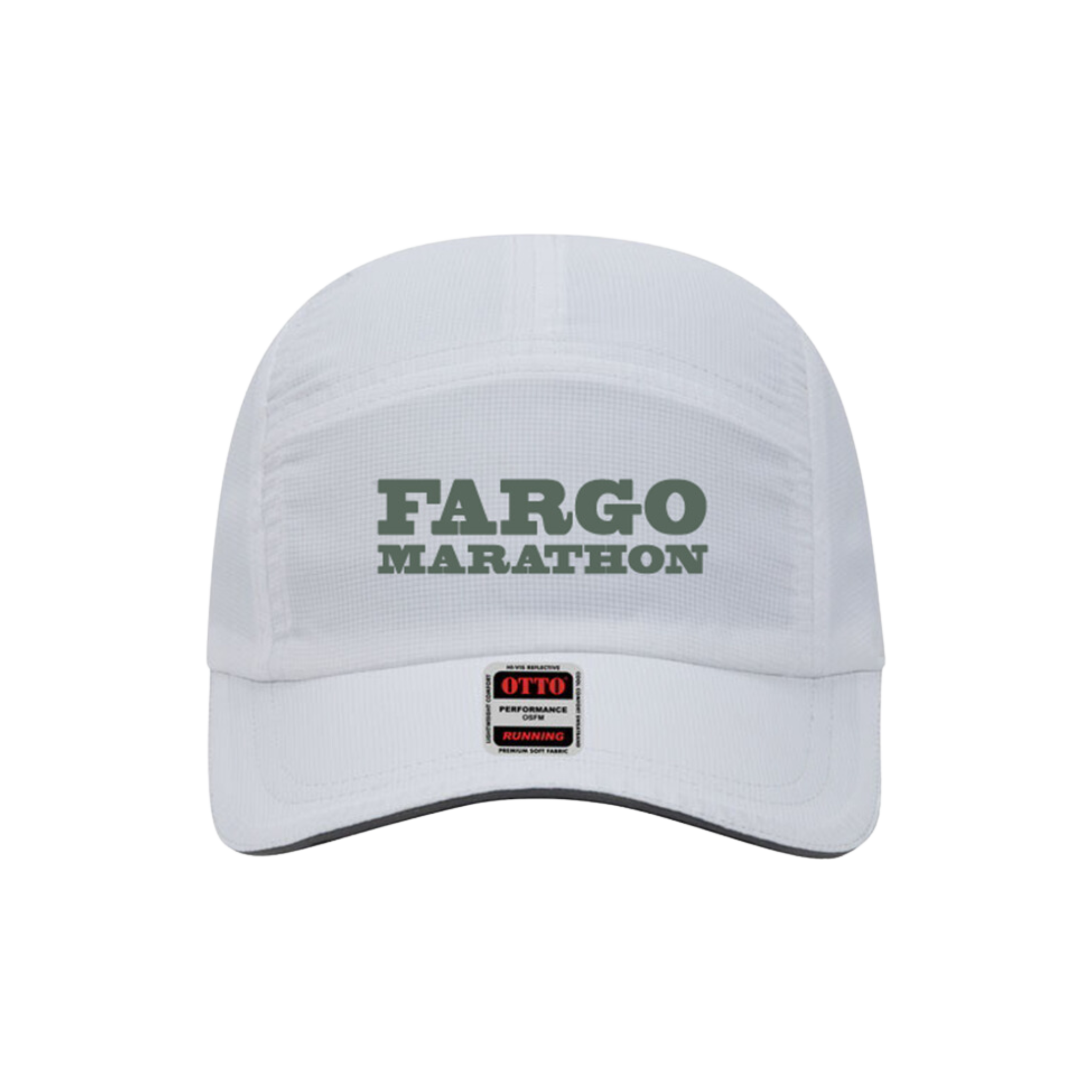 A white Fargo Marathon running hat with an embroidered logo on the front and an adjustable Velcro strap