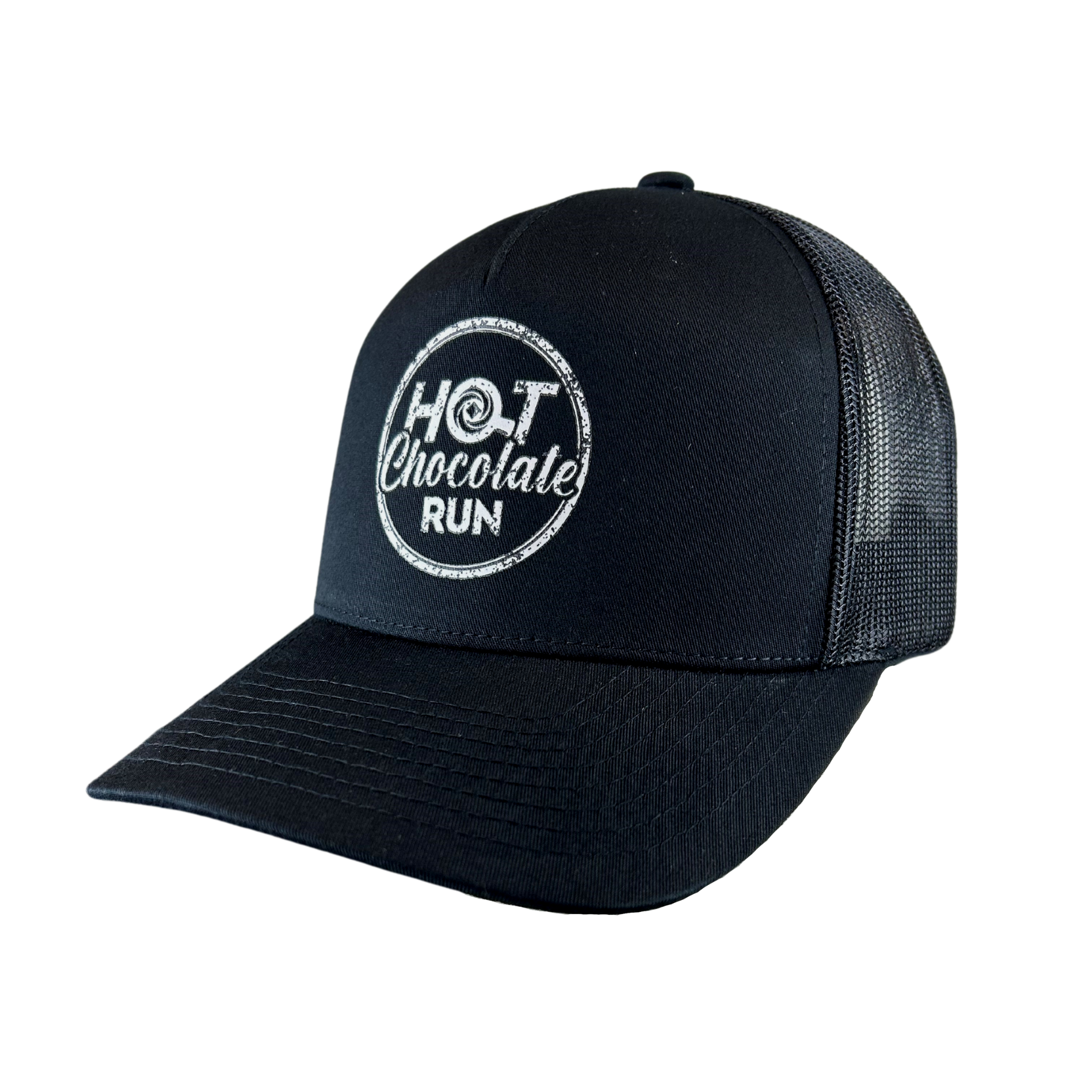 A black trucker hat with mesh back and snapback closure