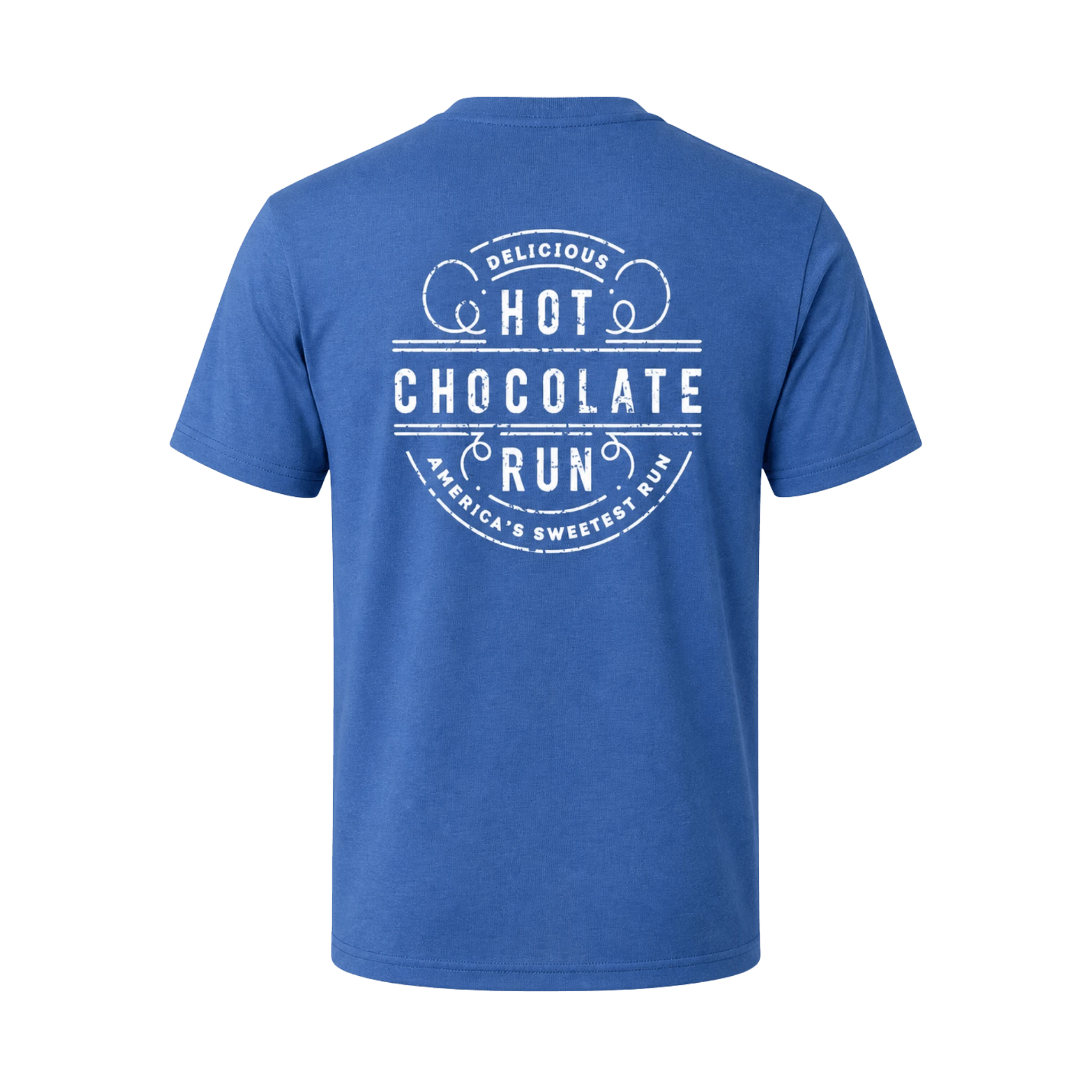 Blue t-shirt with white Hot Chocolate Run text