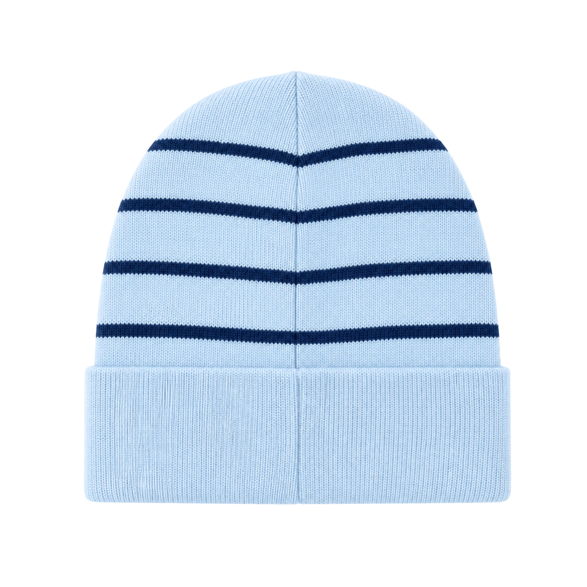 Light blue beanie with dark blue stripes