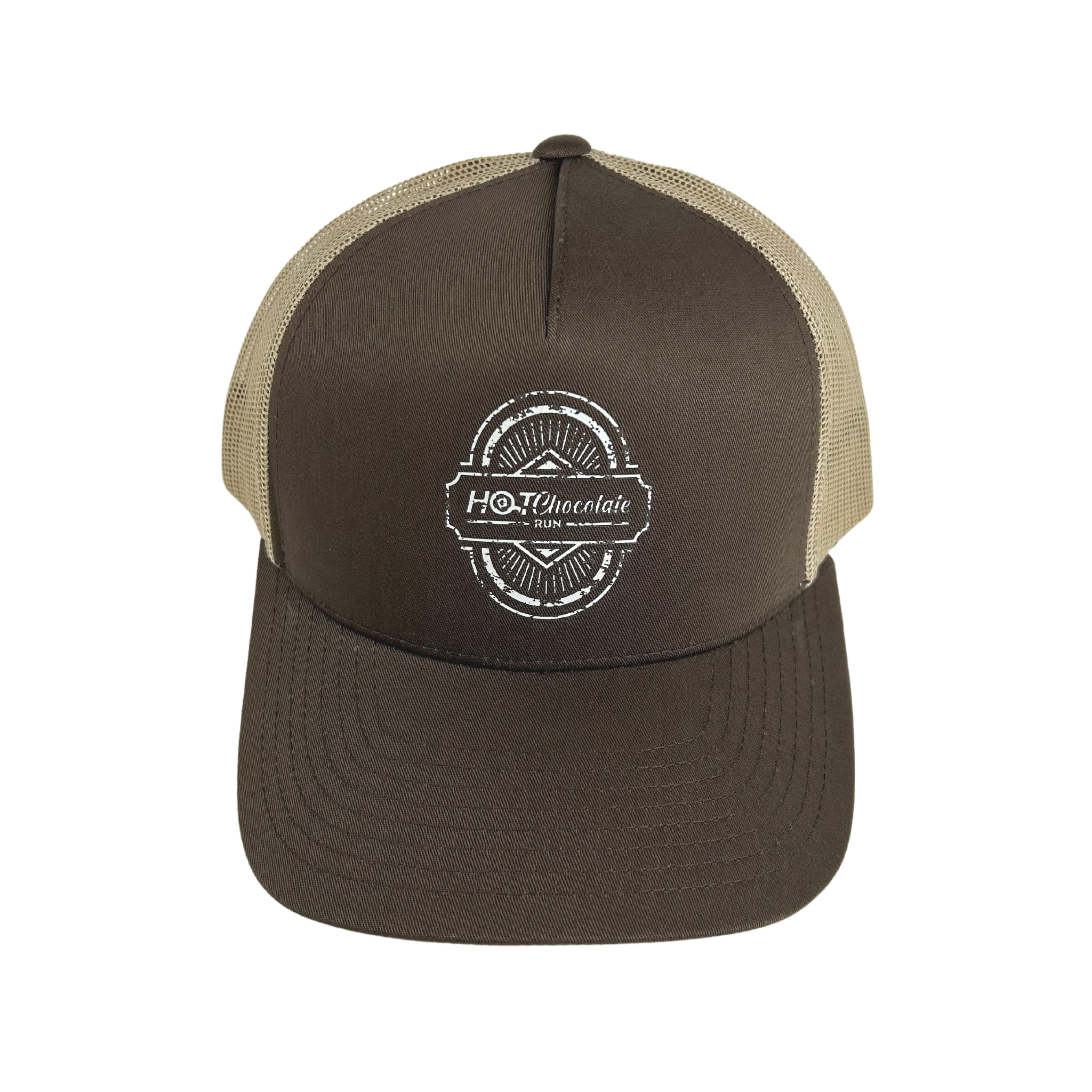 A brown trucker hat with a mesh back and a snapback closure