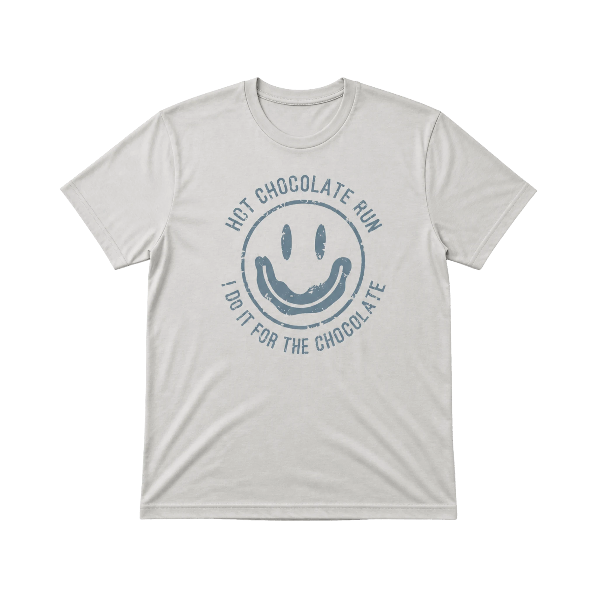 Gray t-shirt with blue smiley face graphic and Hot Chocolate Run text