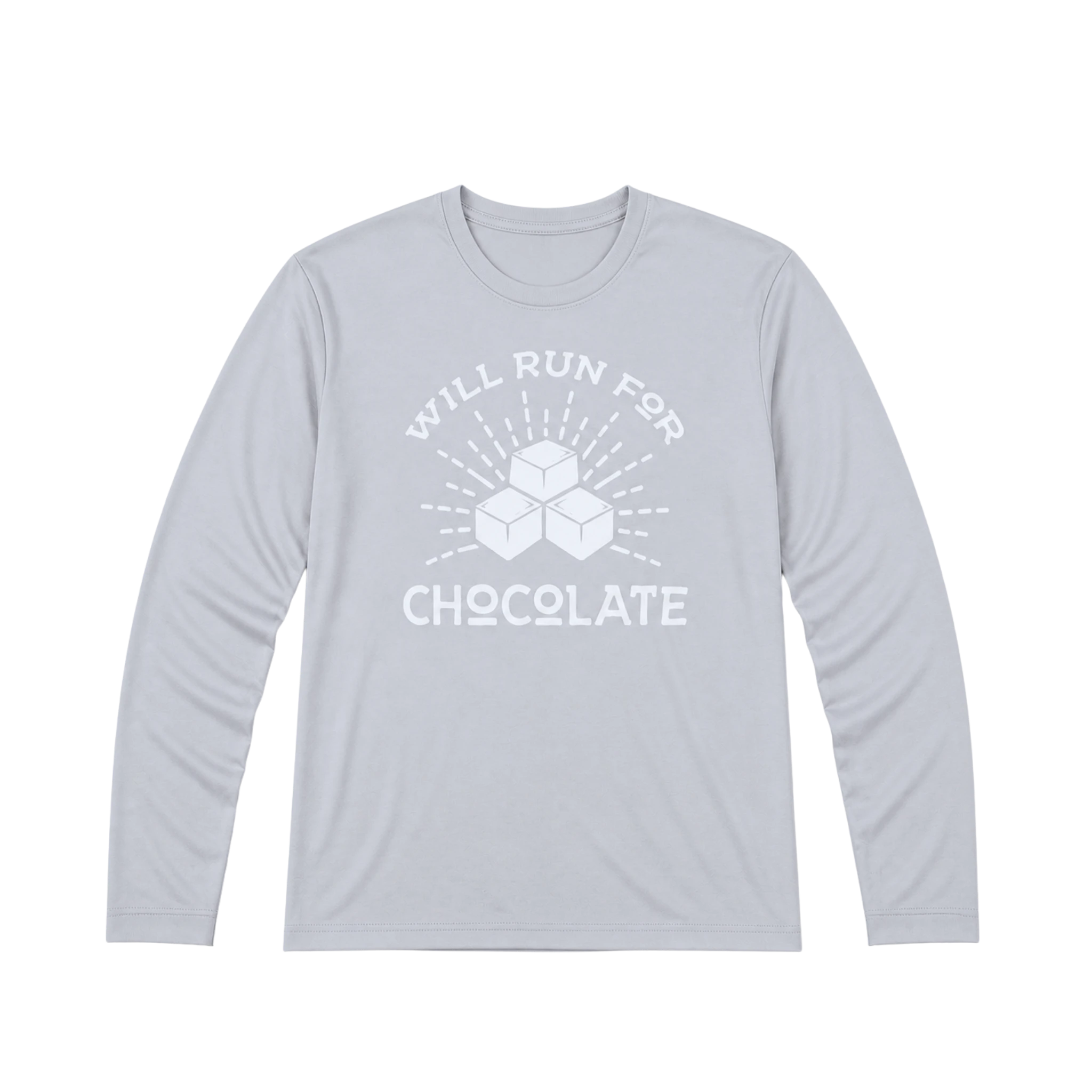 Light gray long-sleeve shirt with 'Will Run for Chocolate' text and chocolate bar graphic