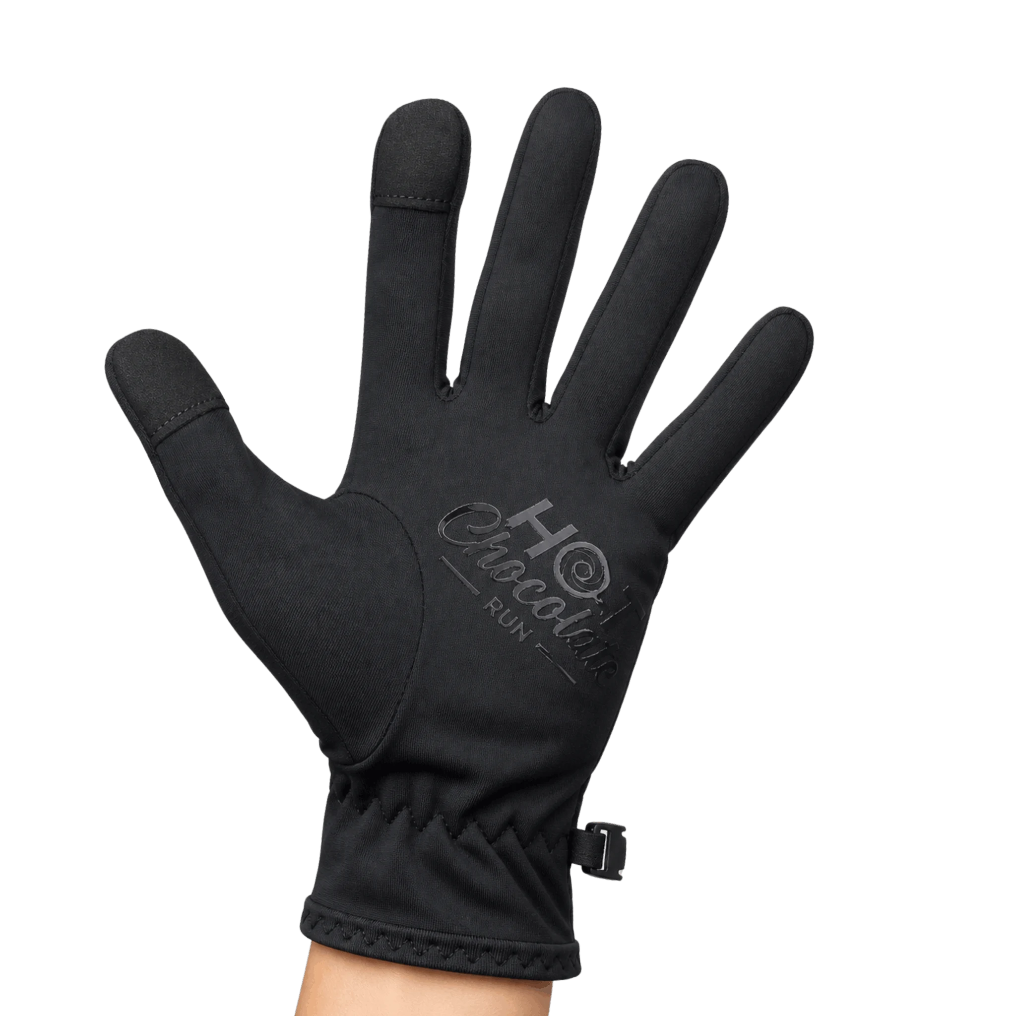 A single black glove shown open with a small wrist strap and logo reading 'HOT Chocolate Run'
