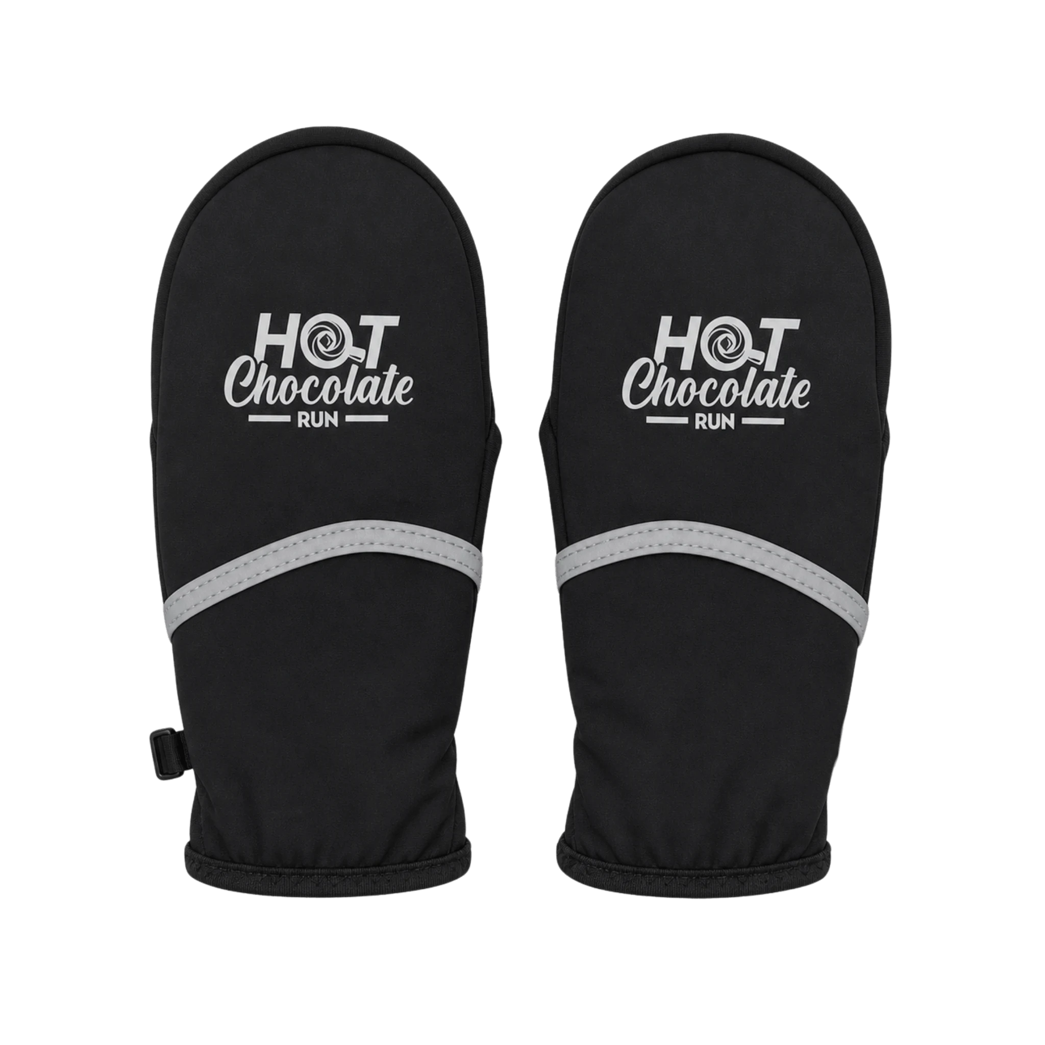 A pair of black gloves with reflective bands and 'HOT Chocolate RUN' printed on the back