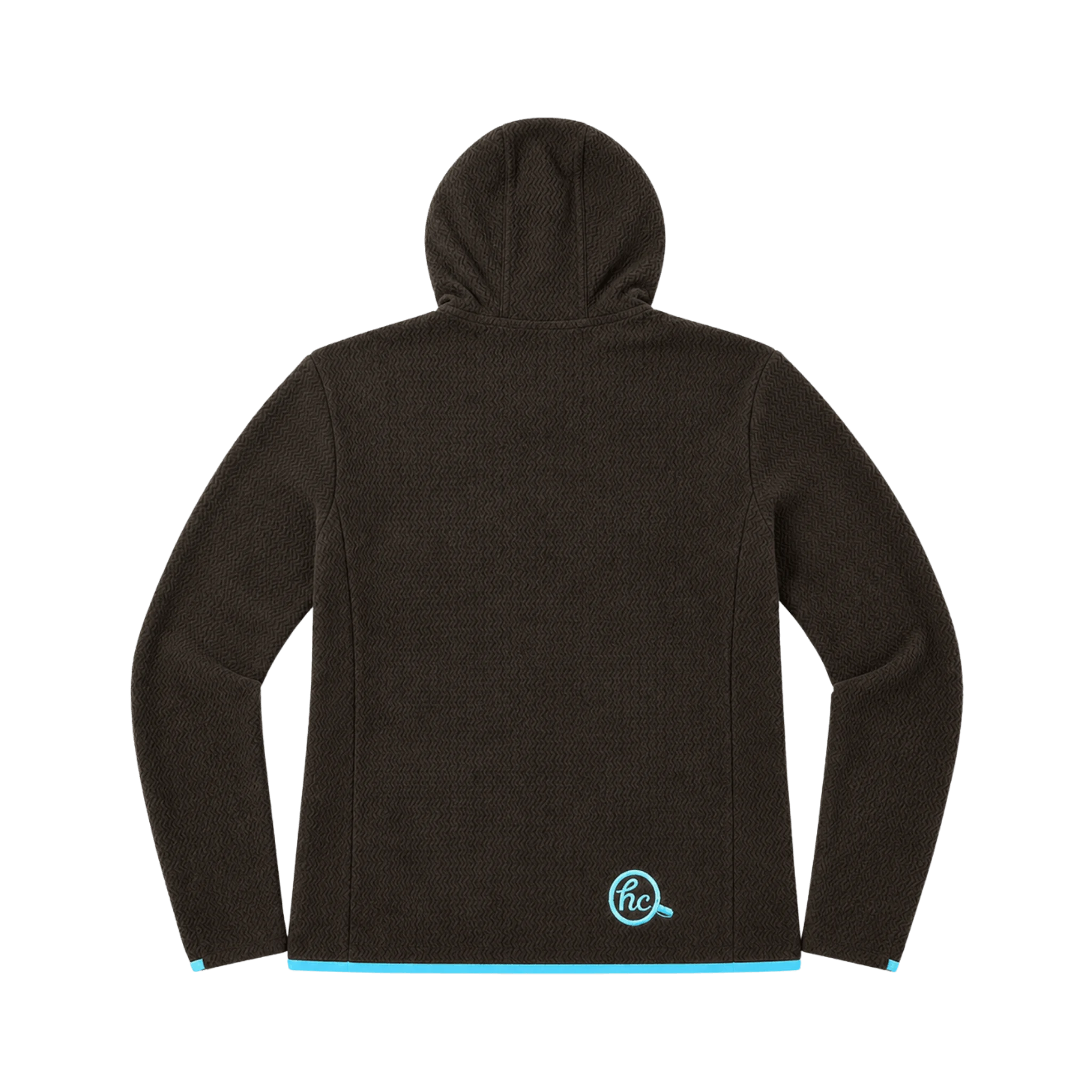 A dark brown Hot Chocolate Run fleece zip-up hoodie from the back with bright light blue trim on the hem and 'hc' logo at the bottom.