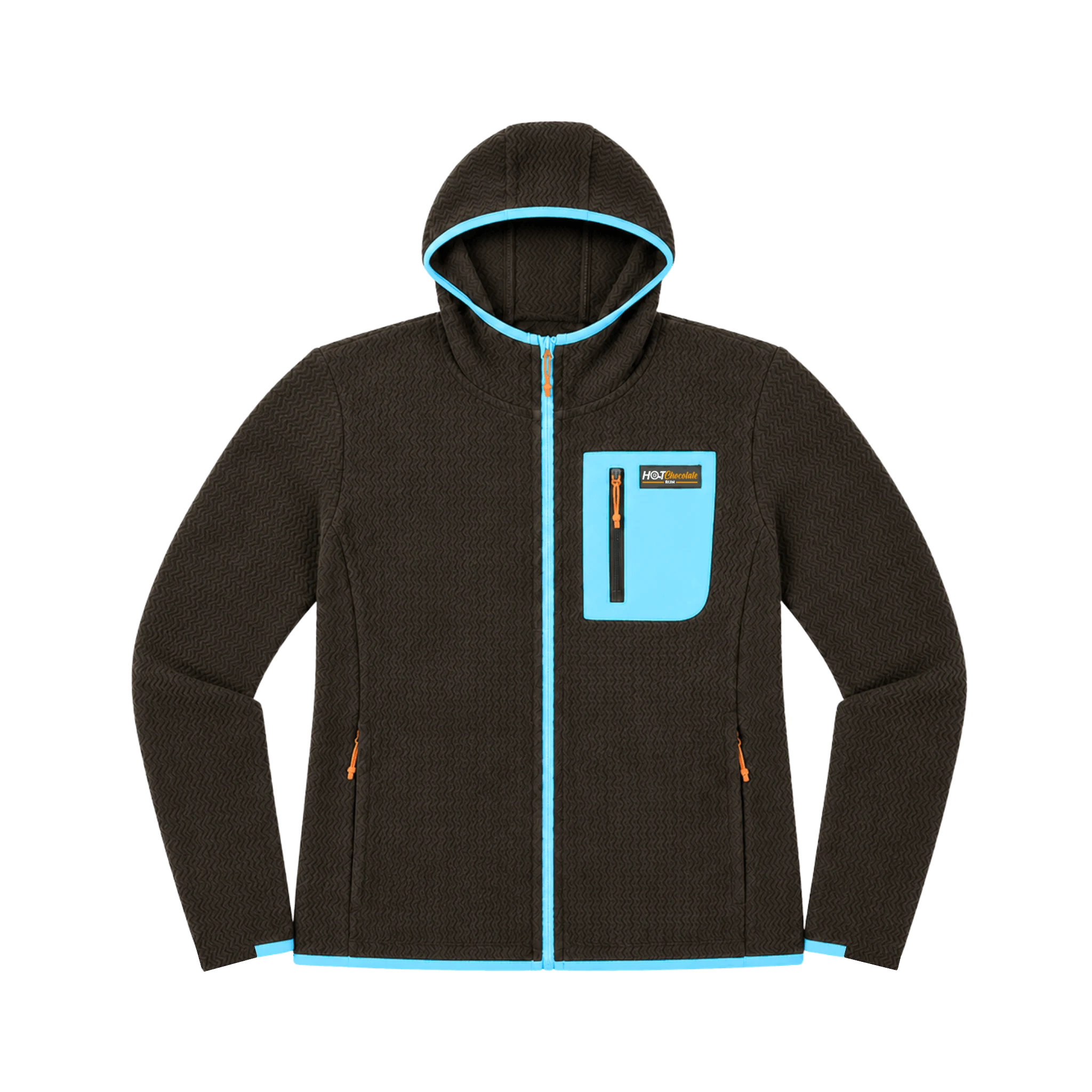 A dark brown Hot Chocolate Run fleece zip-up hoodie with bright light blue trim along the hood, zipper line, pockets, and hem.