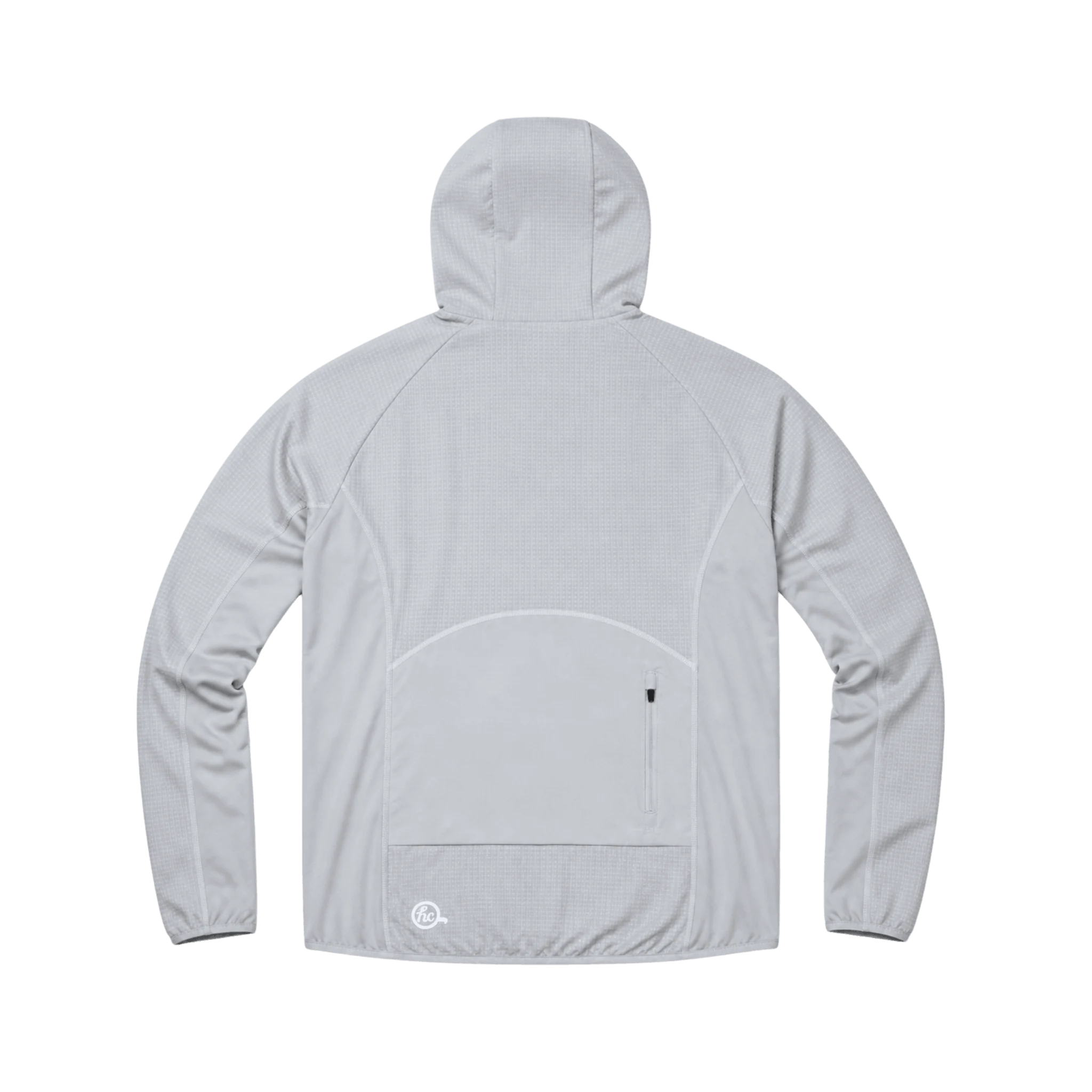 A light gray hooded jacket shown from the back, featuring a zippered pocket and a small circular Hot Chocolate logo near the lower back