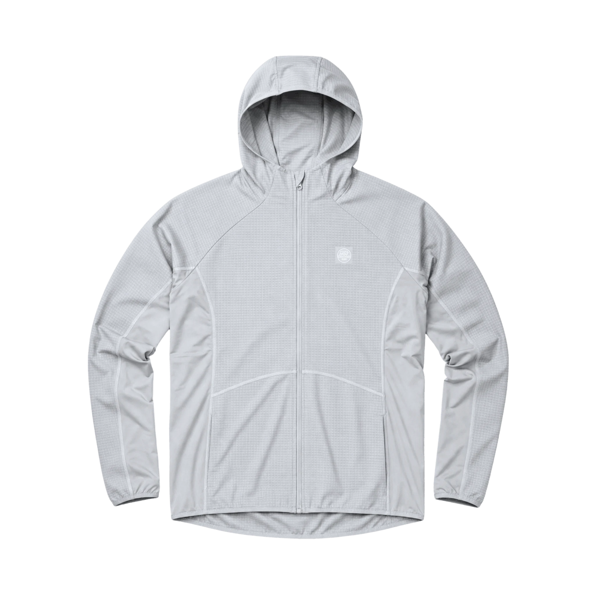 A light gray hooded zip-up jacket with a subtle grid texture and Skechers Hot Chocolate Run rubber logo