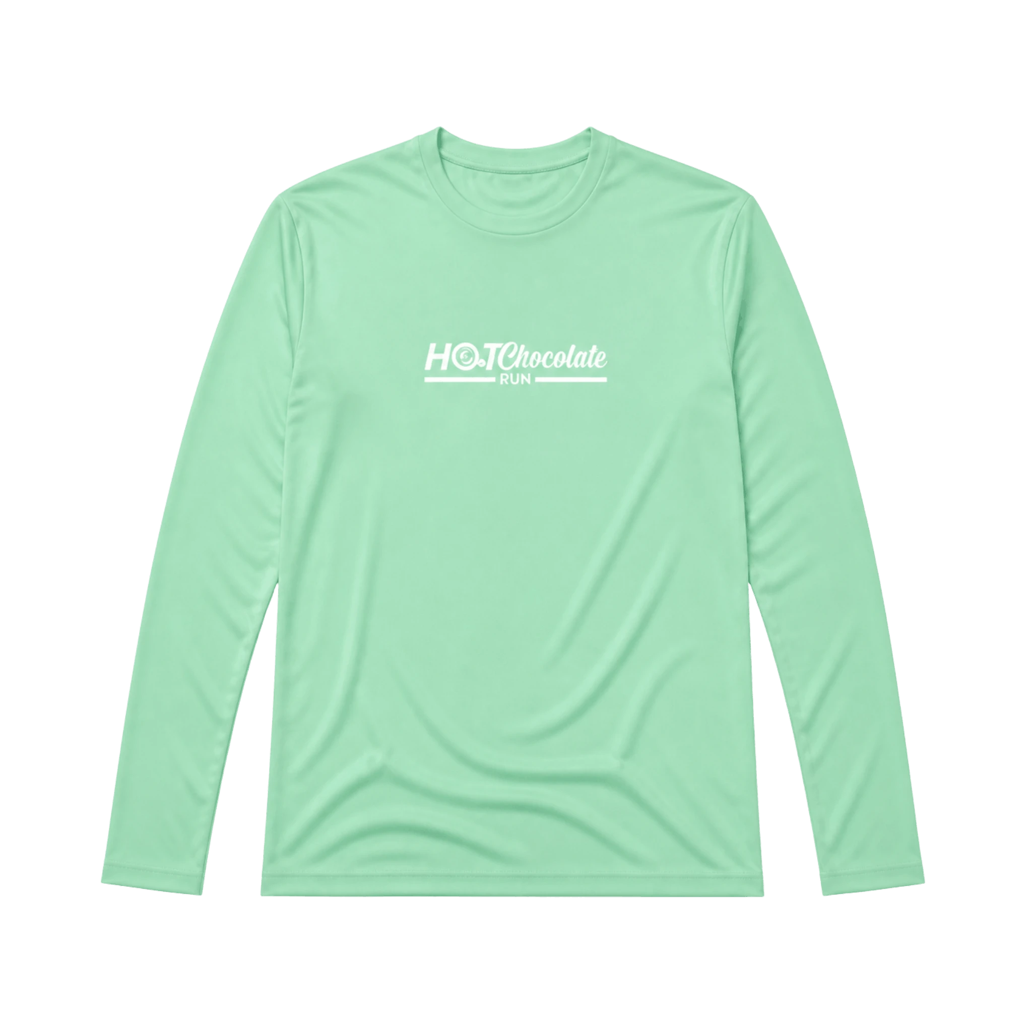 Green long sleeve tee with white Hot Chocolate Run logo in center chest