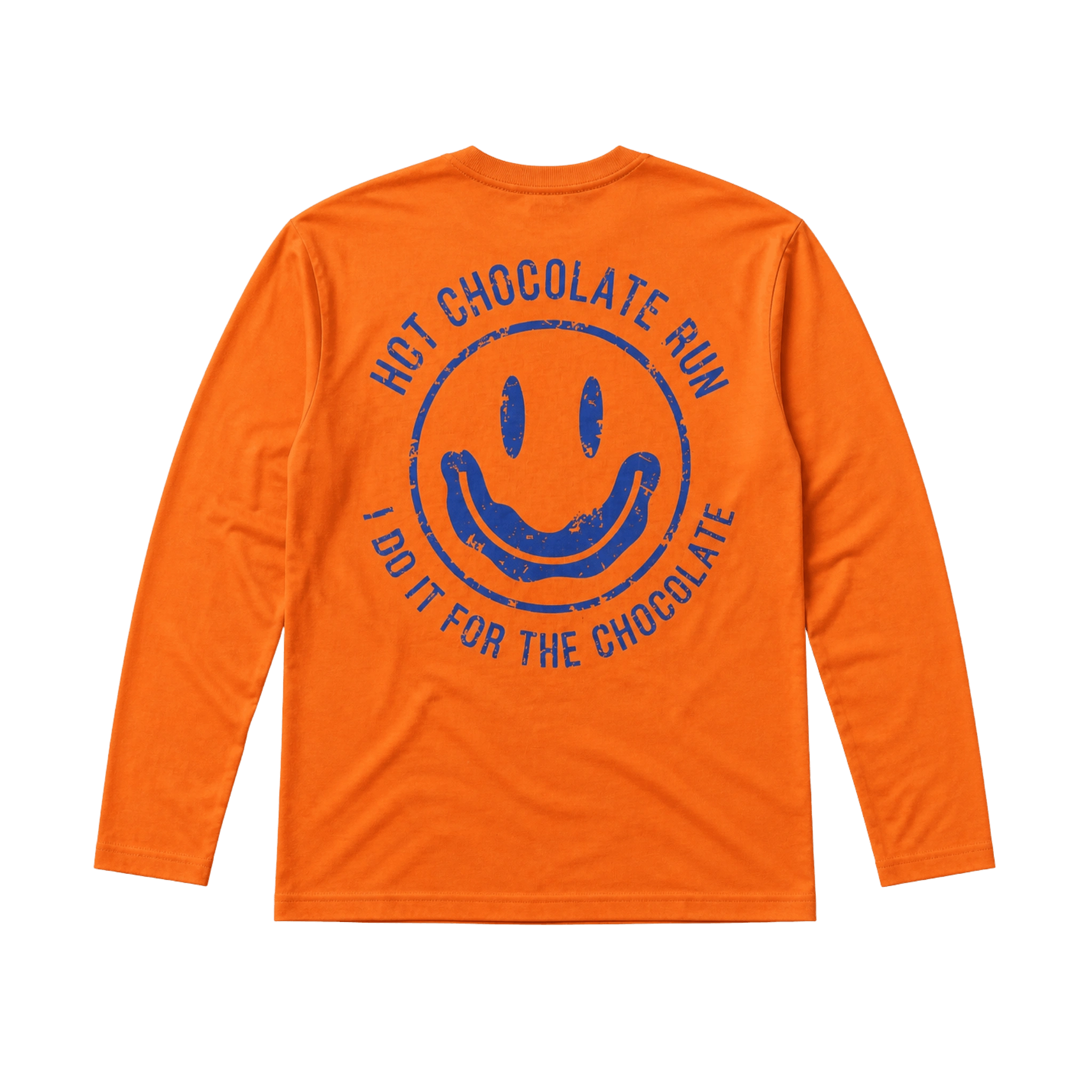 Orange long-sleeve shirt with blue smiley face graphic and Hot Chocolate Run text