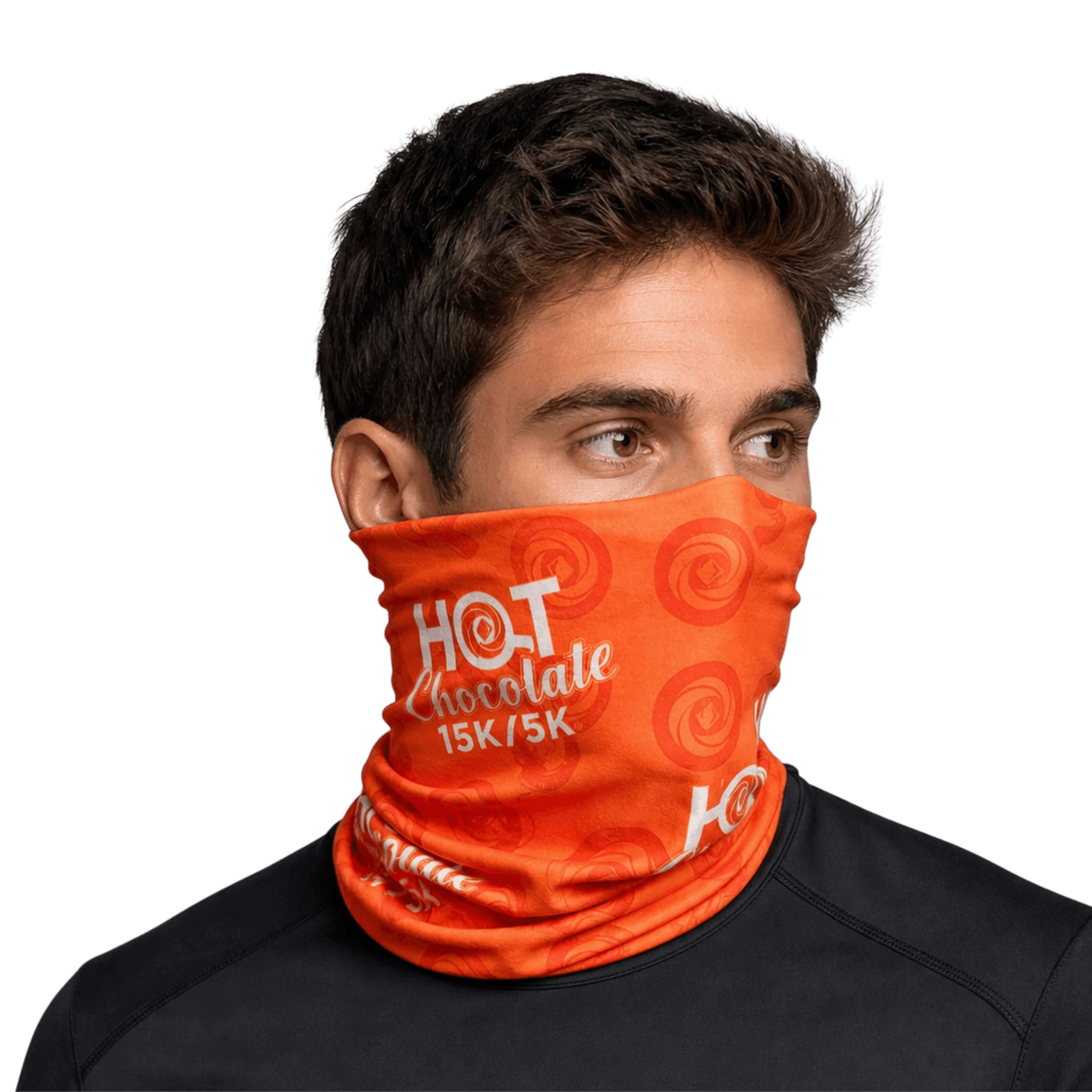 Person wearing an orange neck fabric with white Hot Chocolate 15K/5K text