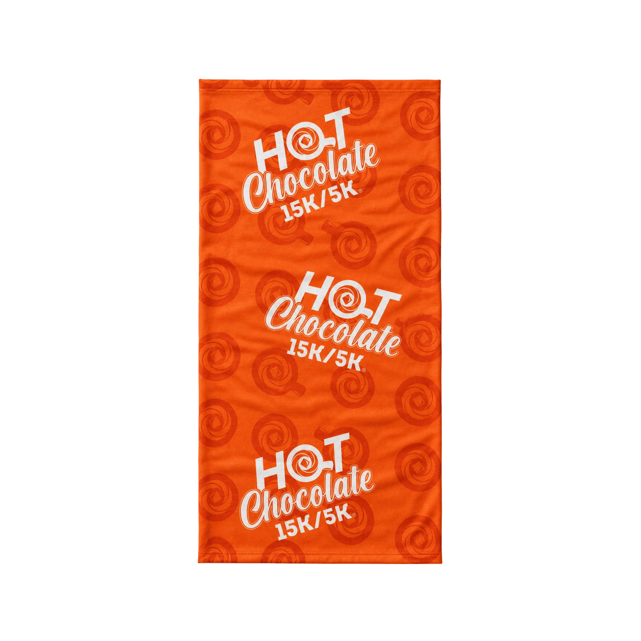 Orange neck buff with white Hot Chocolate 15K/5K text