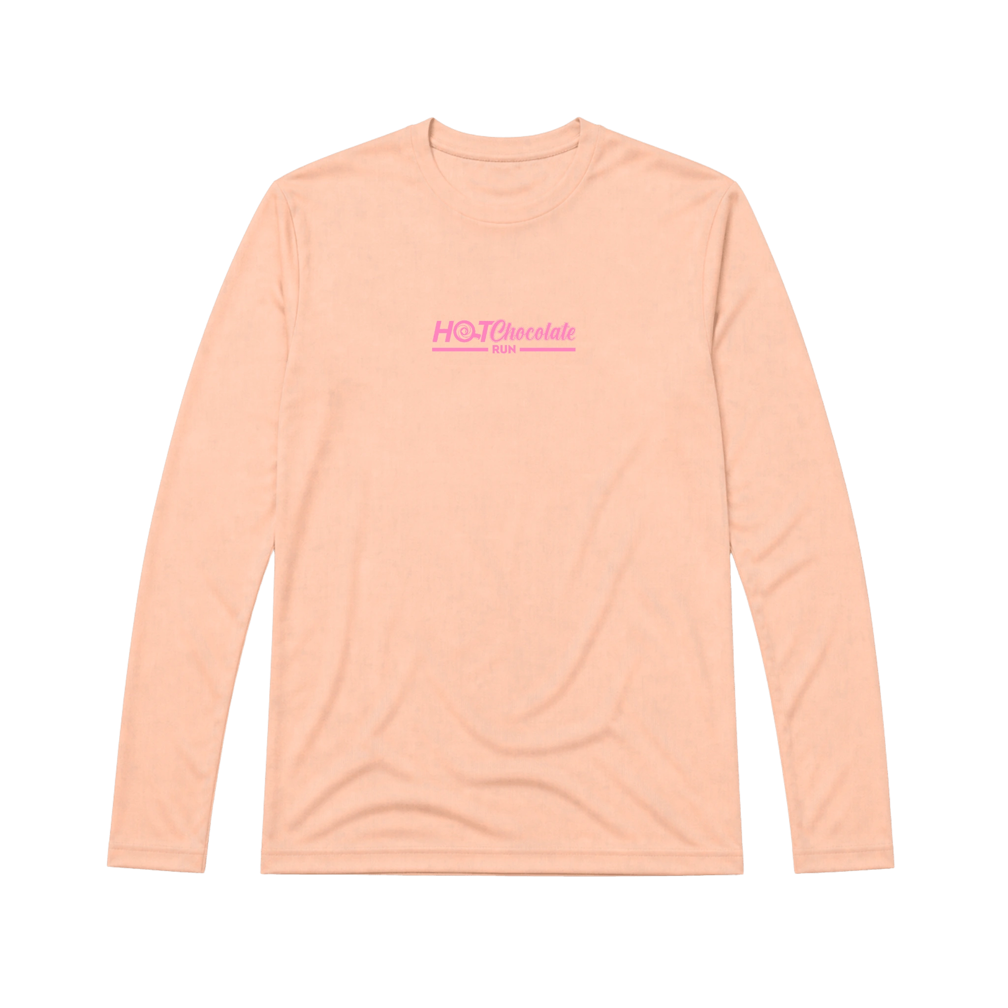 Orange long sleeve tee with pink Hot Chocolate Run logo