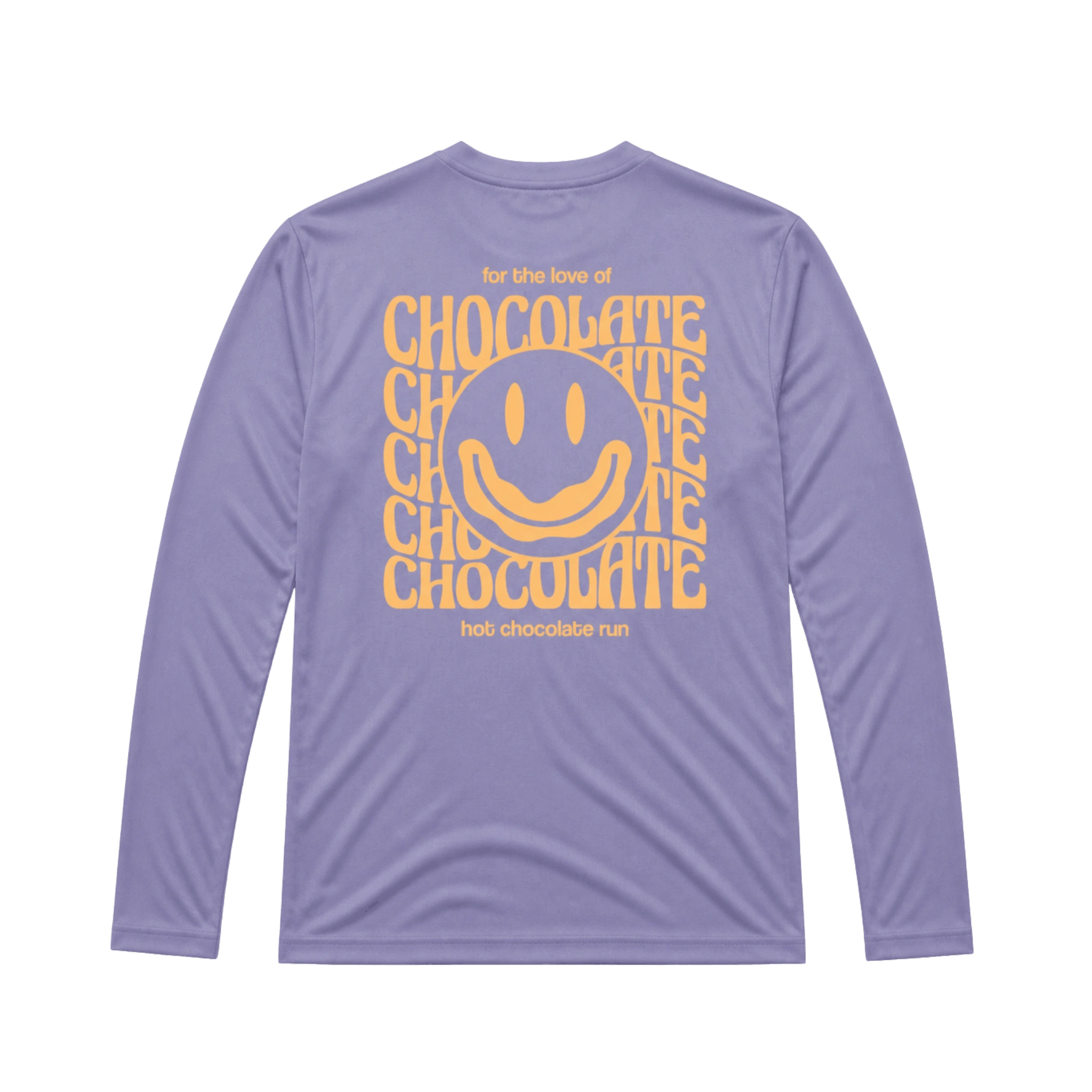 Lavender long sleeve tee with Hot Chocolate Run orange text and design