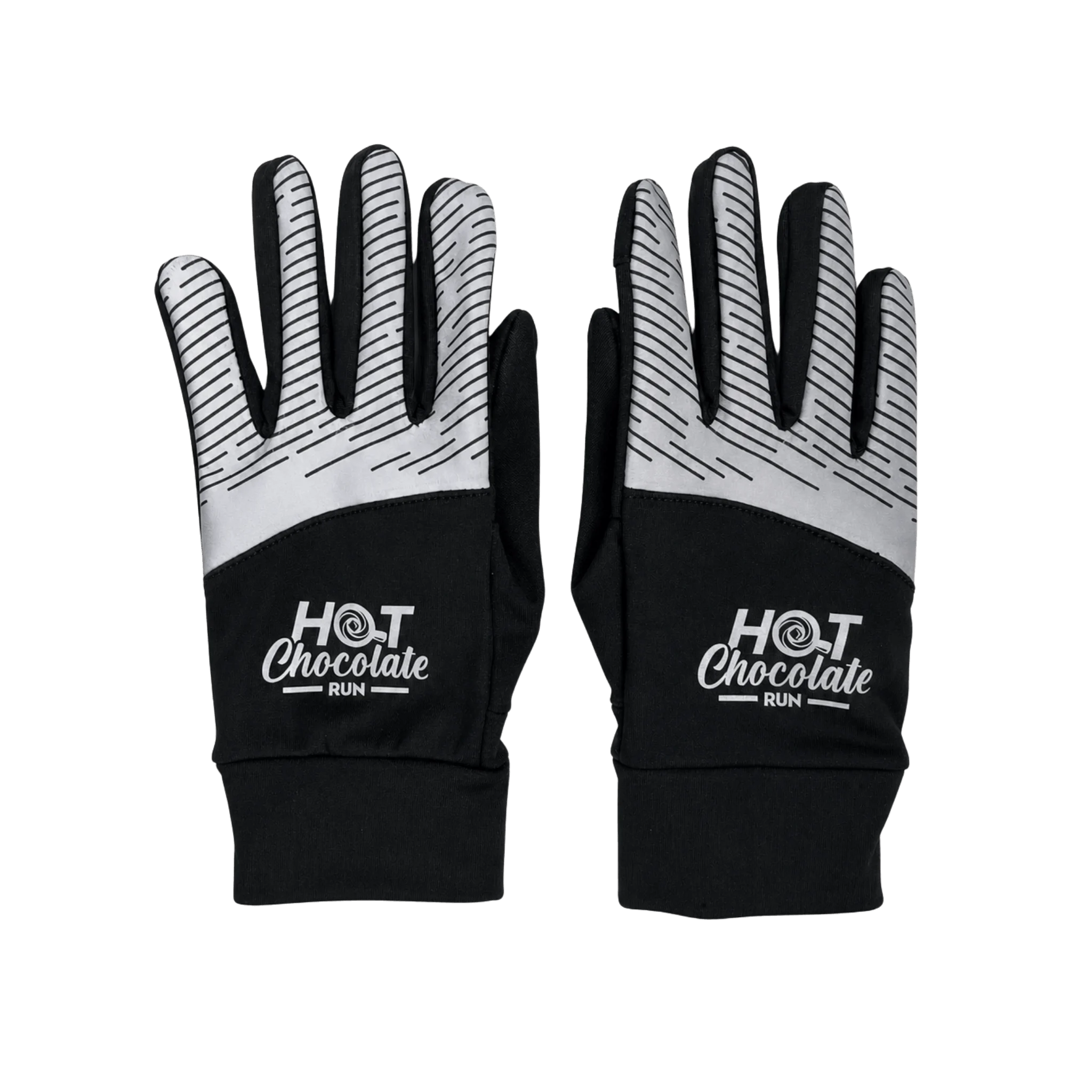 A pair of black and white running gloves with the brand logo 'HOT Chocolate RUN' printed on the back of the hands