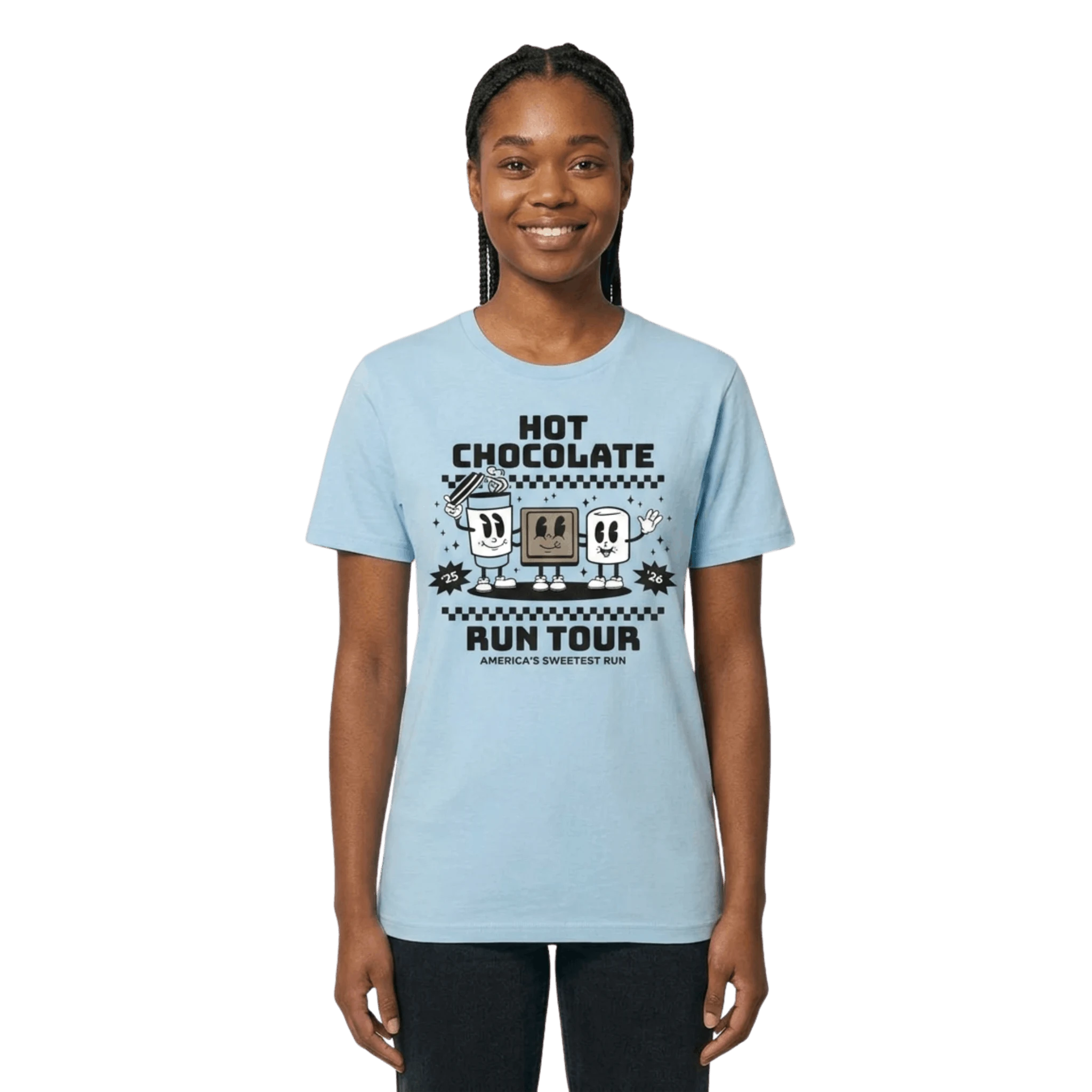 Person wearing a light blue t-shirt with a graphic design of Hot Chocolate Run characters and text
