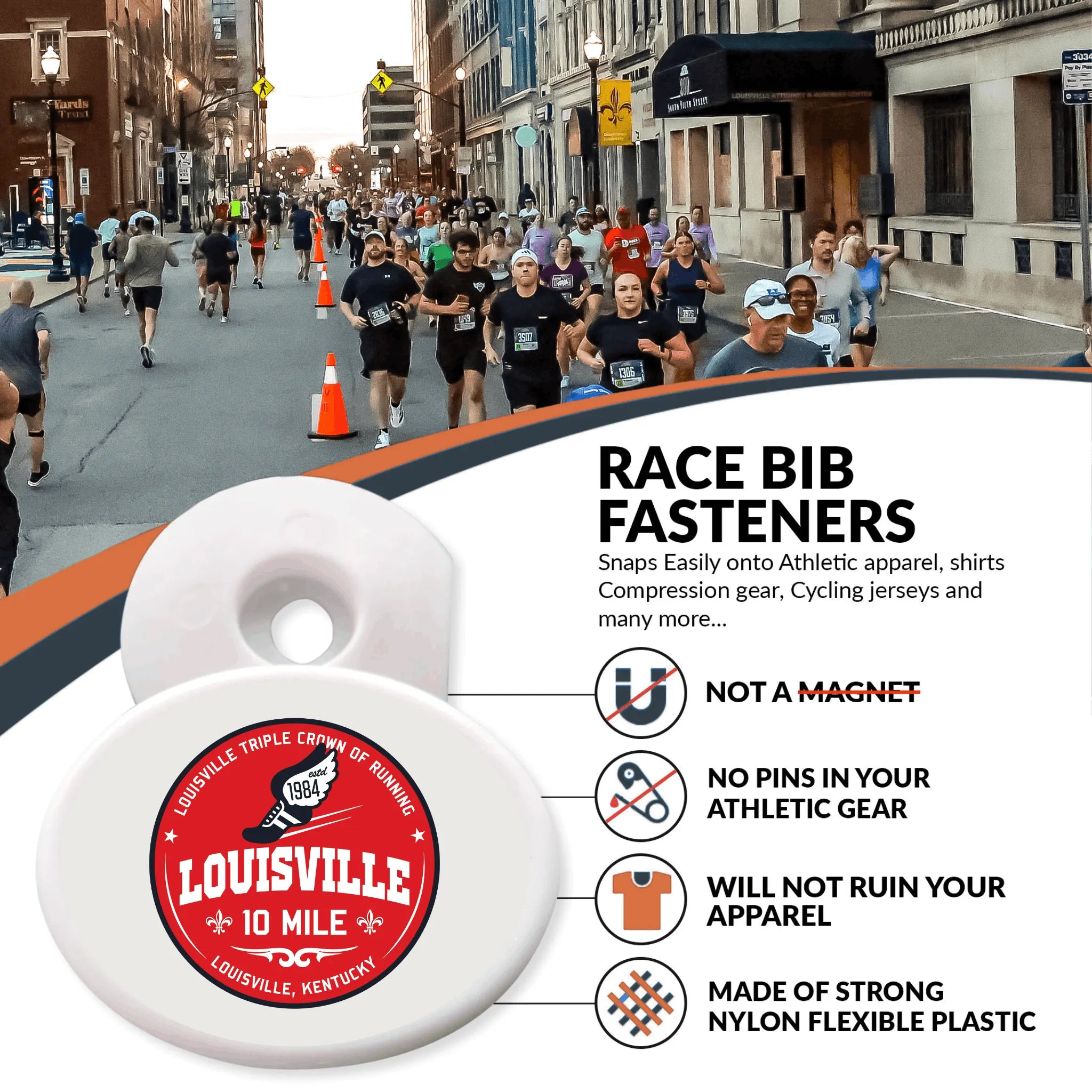 Race bib fastener with Louisville 10 Mile branding on a street race background