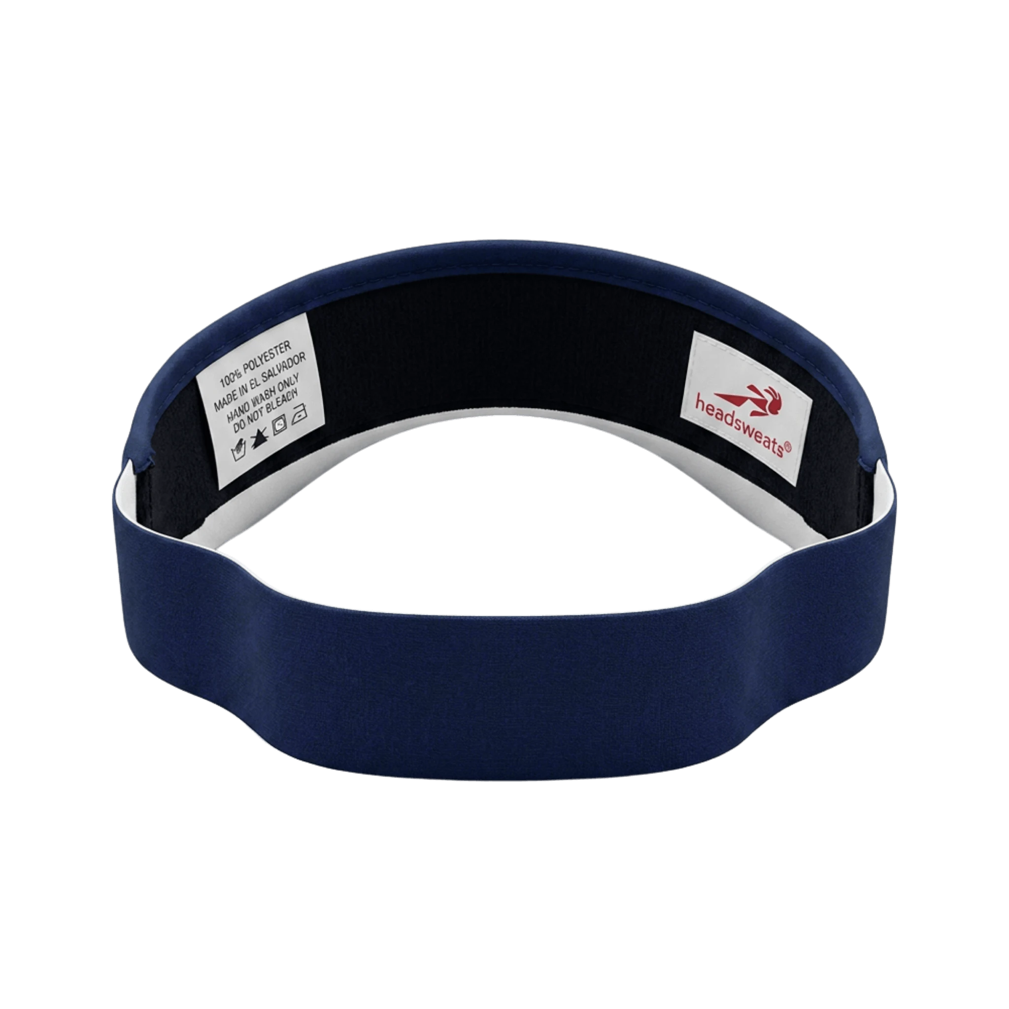 Back of navy blue visor with a brand label