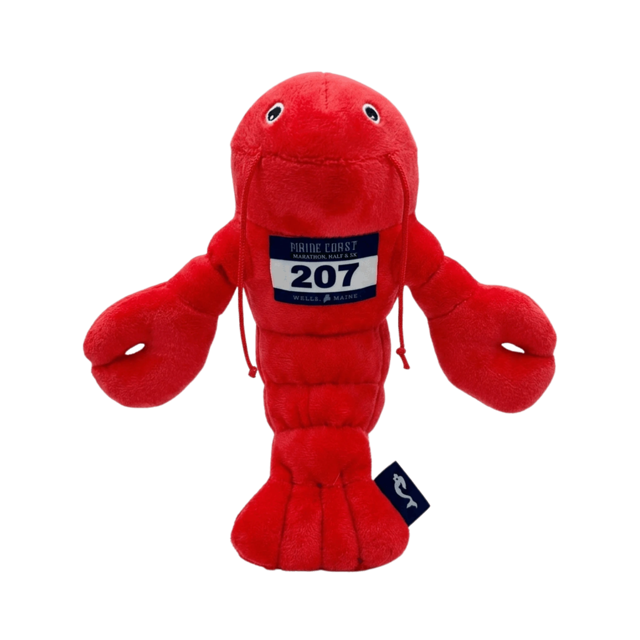 Red plush lobster toy with a mermaid tag