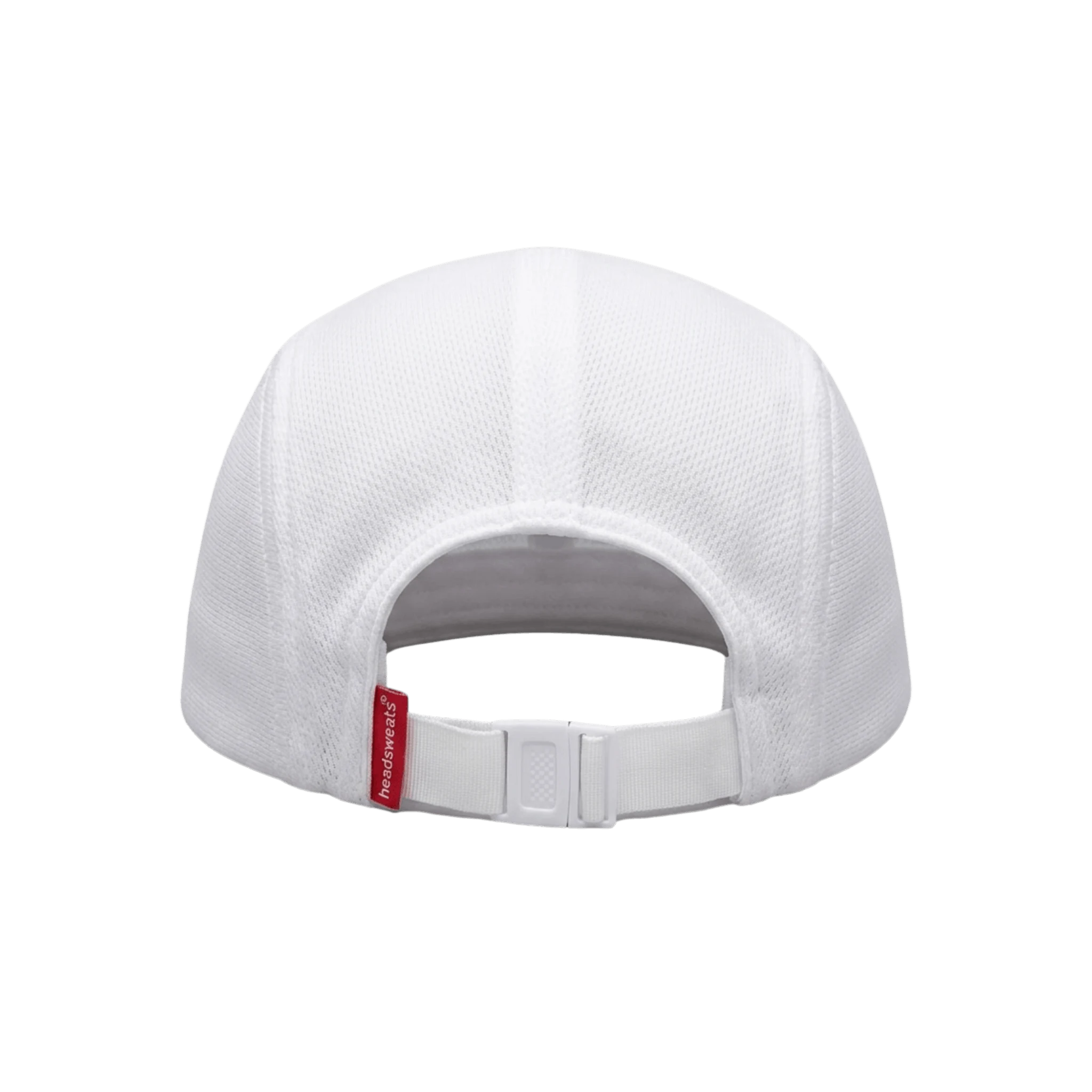 Back of a white cap with a red tag