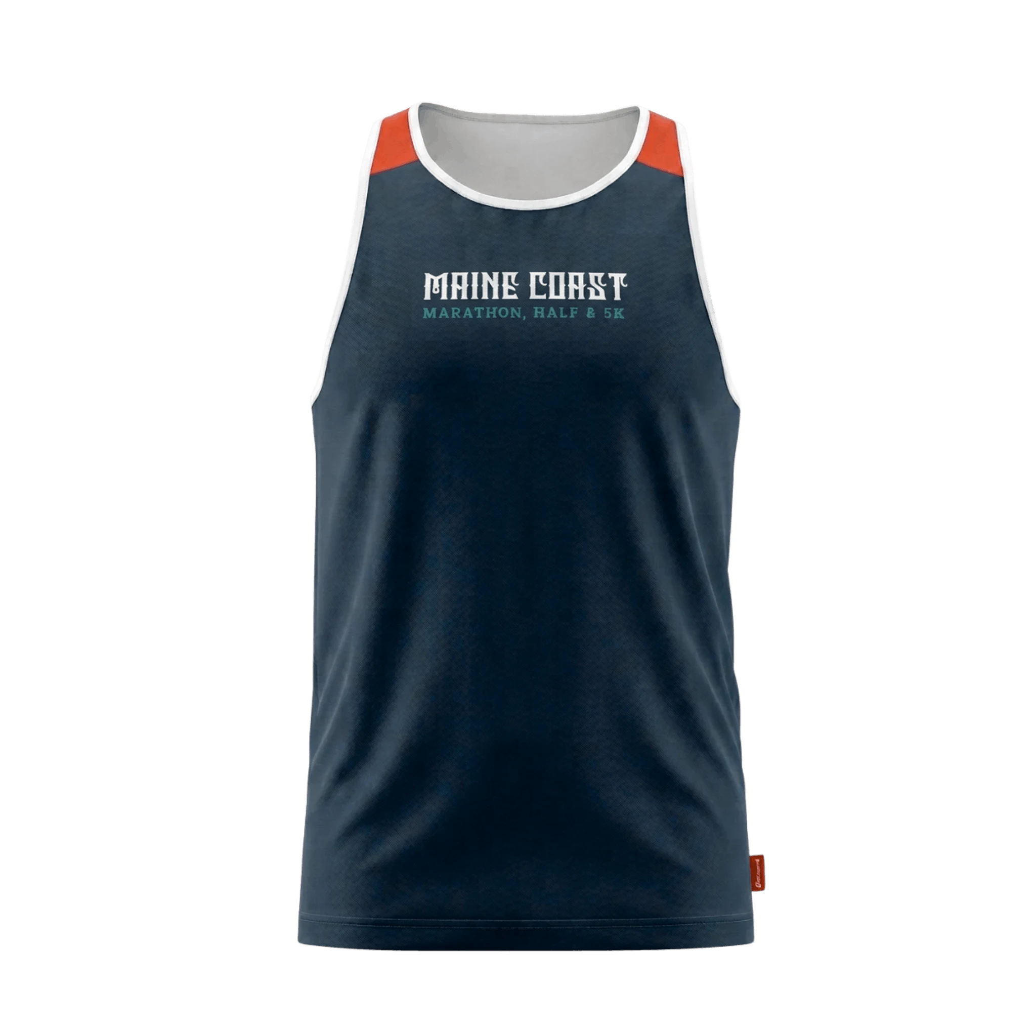 Navy tank top with orange accents and 'Maine Coast Marathon Half & 5K' text