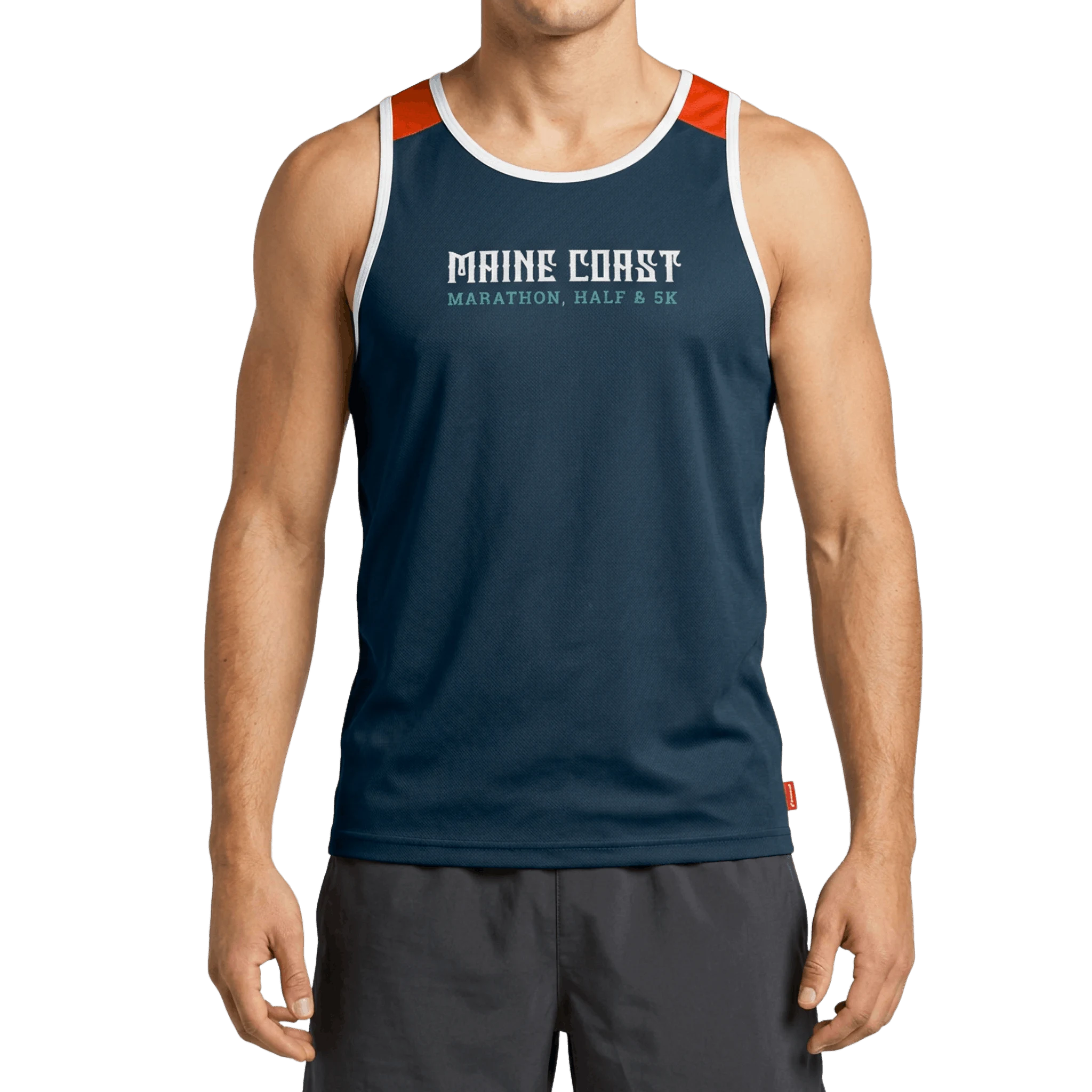 Person wearing a navy tank top with 'Maine Coast Marathon, Half & 5K' text