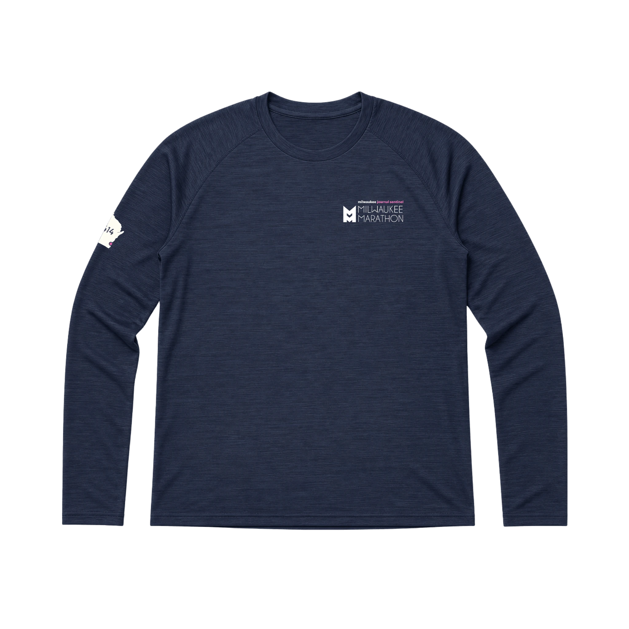 Navy long-sleeve shirt with a Milwaukee Marathon logo