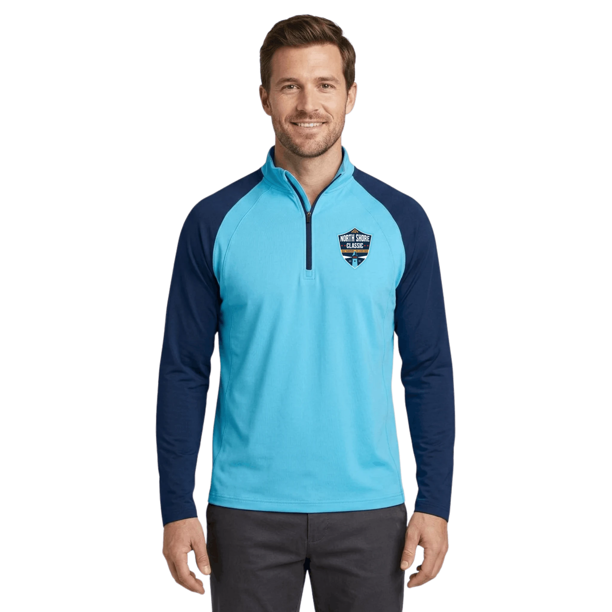 Man wearing a light blue quarter zip with North Shore Classic logo