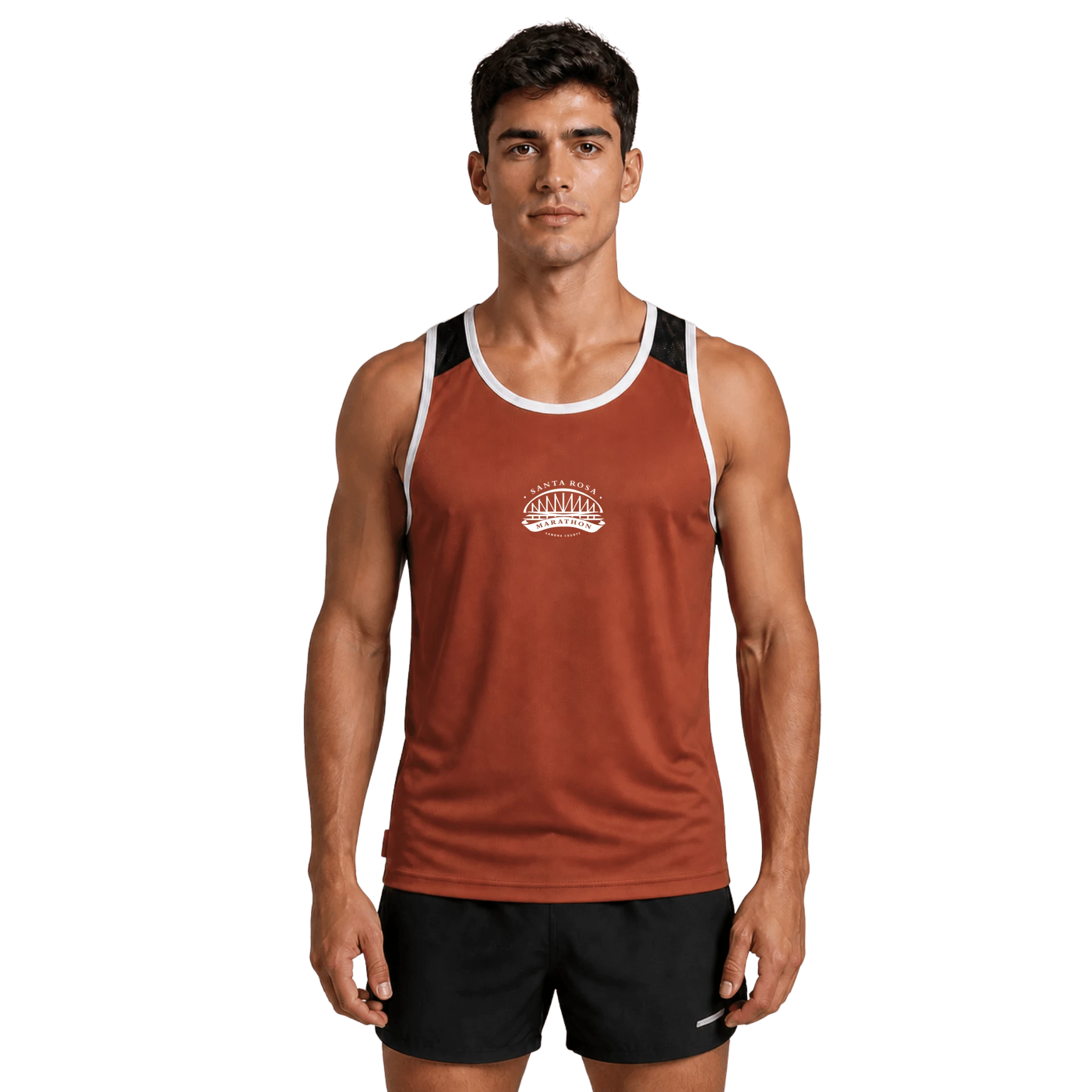 A man modeling a rust-orange athletic tank top with white and navy blue trim, featuring a white Santa Rosa Marathon logo on the chest
