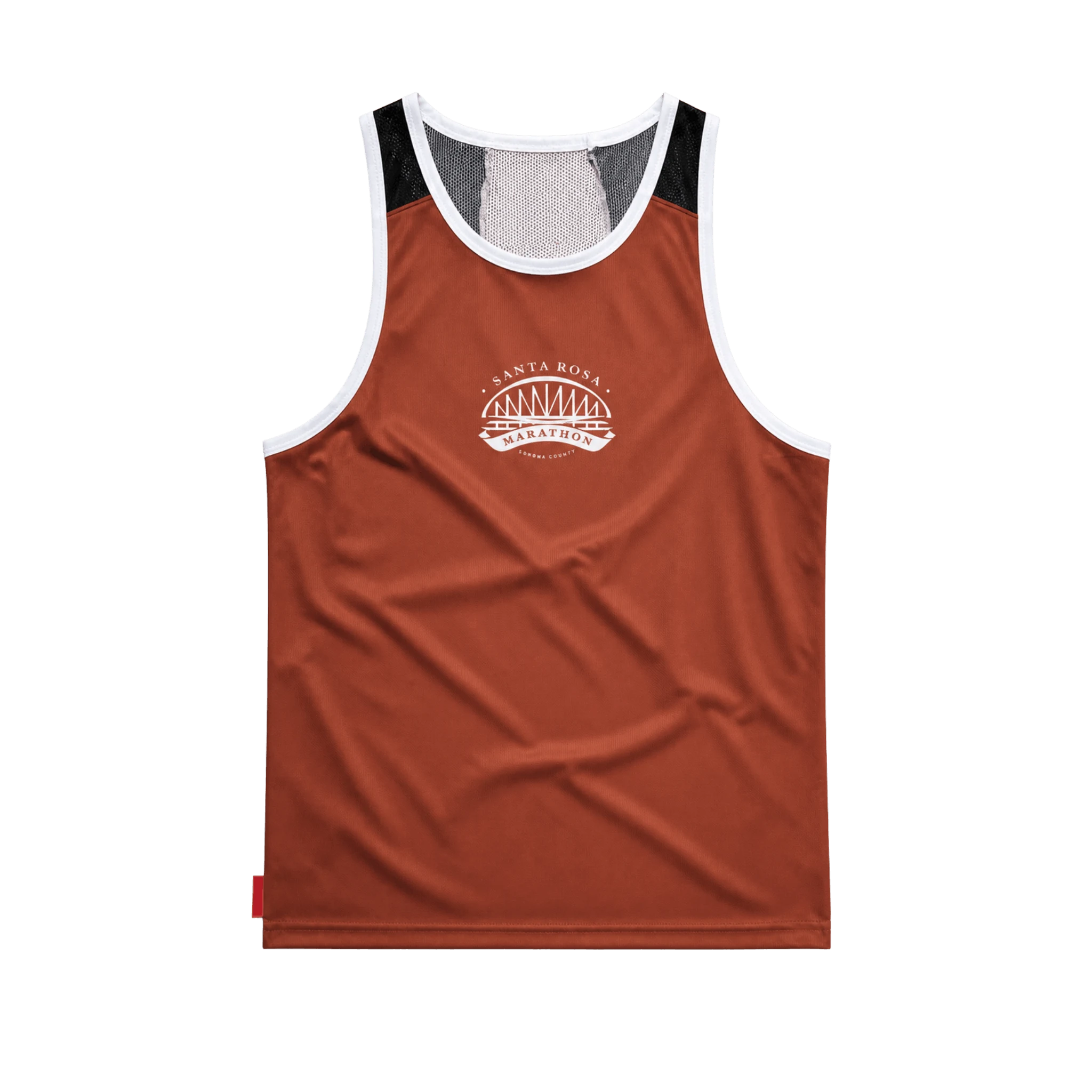 A rust-orange athletic tank top with white and navy blue trim, featuring a white 'Santa Rosa Marathon' graphic on the chest