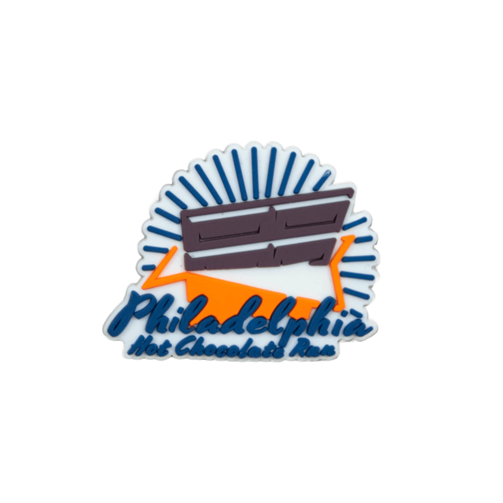 Philadelphia Hot Chocolate Run bar with orange and white design bib fastener