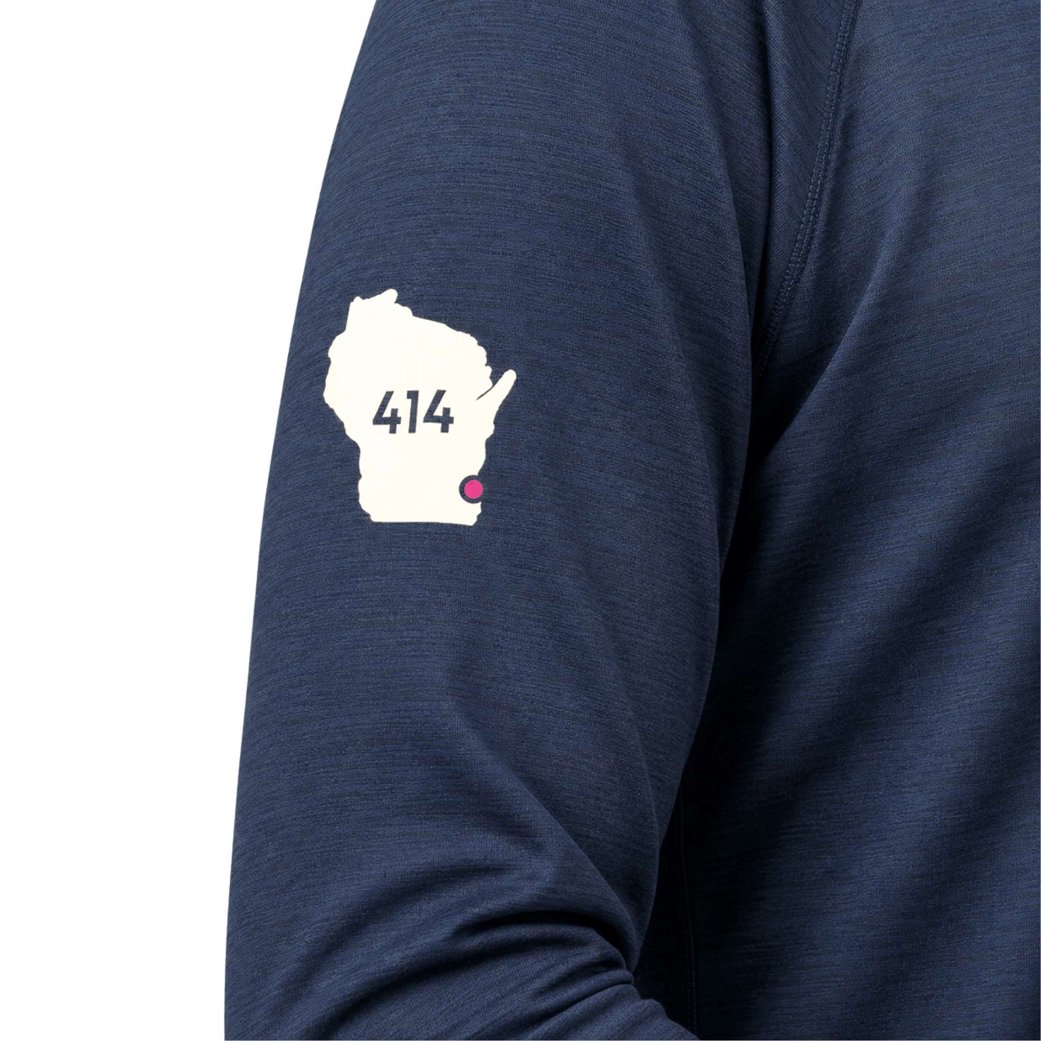 Navy long-sleeve shirt with a white graphic of Wisconsin and the number 414