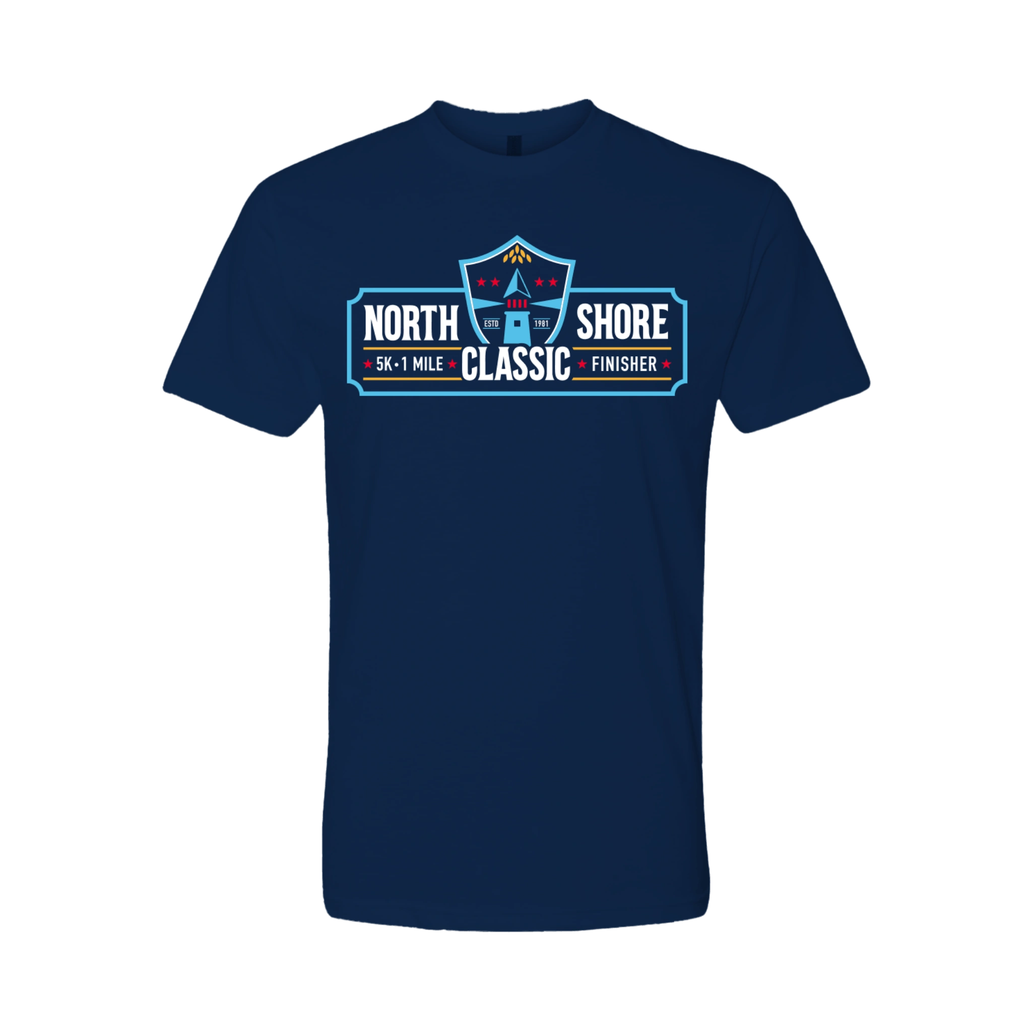Navy blue t-shirt with 'North Shore Classic Finisher' graphic