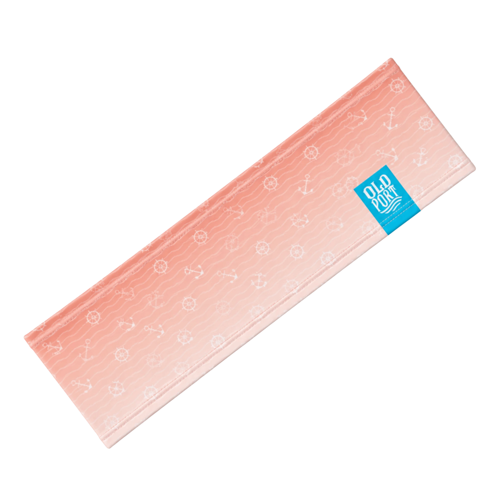 Pink headband white patterns and an Old Port blue label