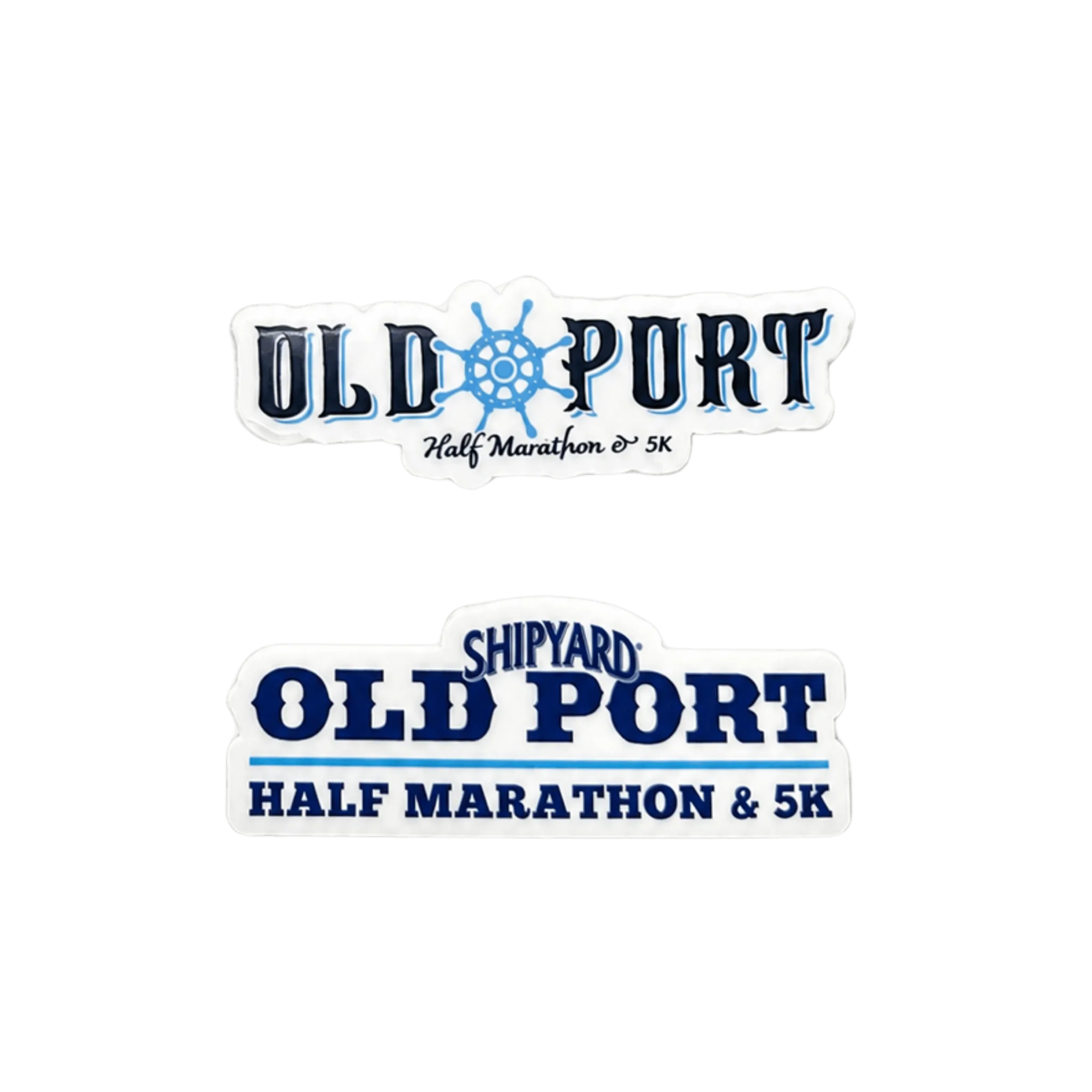 Two Old Port Shipyard text half marathon and 5K stickers