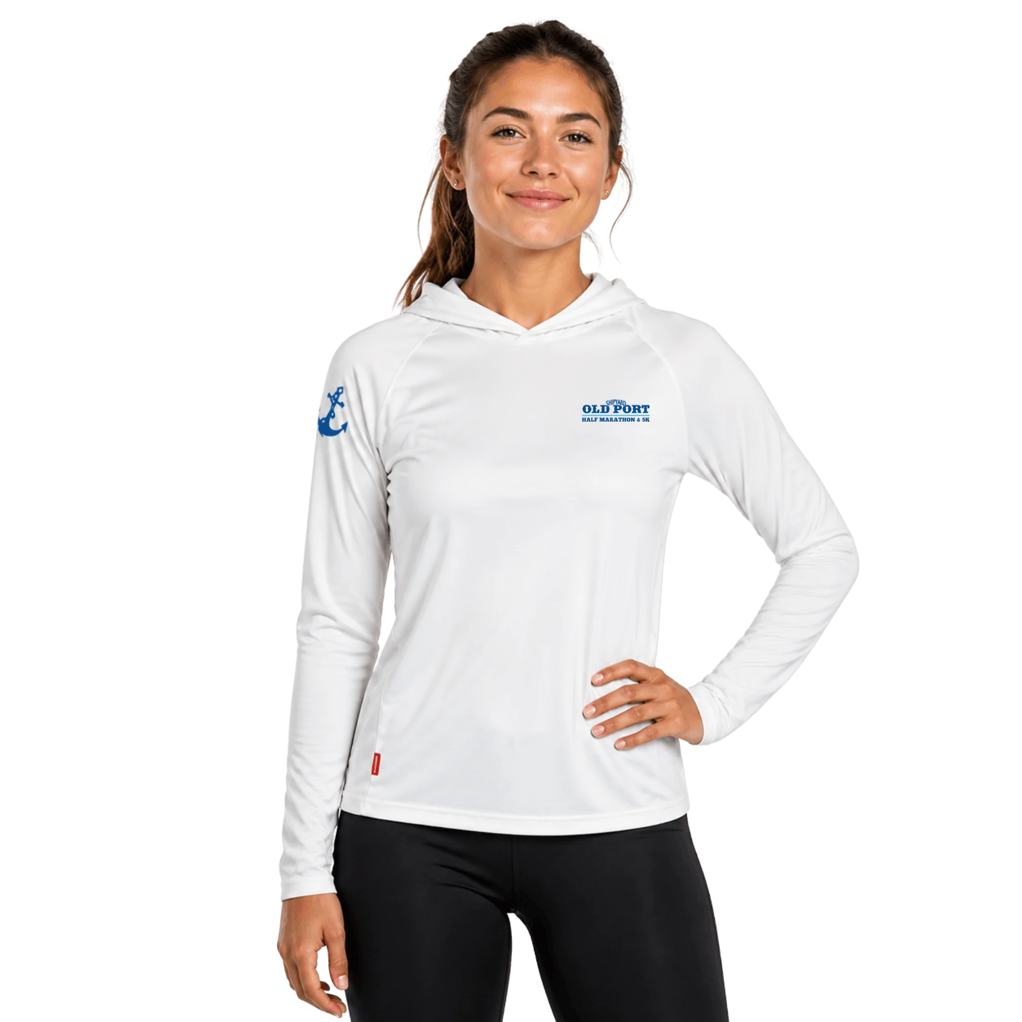 Woman wearing a white hoodie with Old Port Half Marathon and 5K logo
