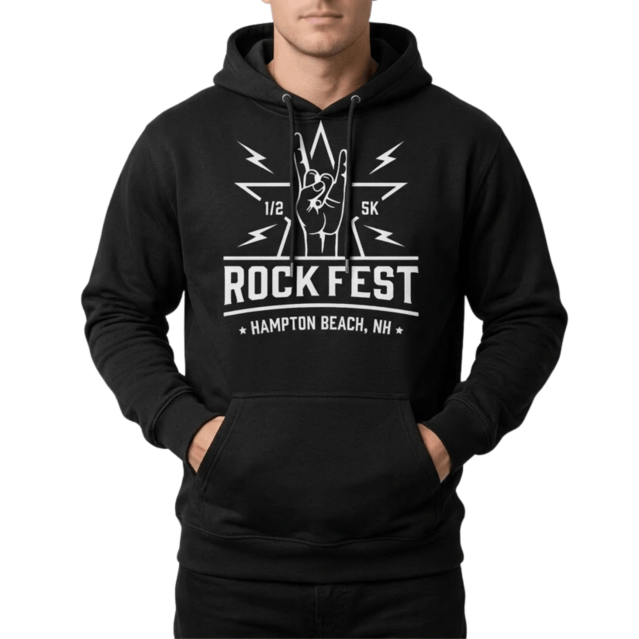 Person wearing black hoodie with white 'Rock Fest' graphic design on front